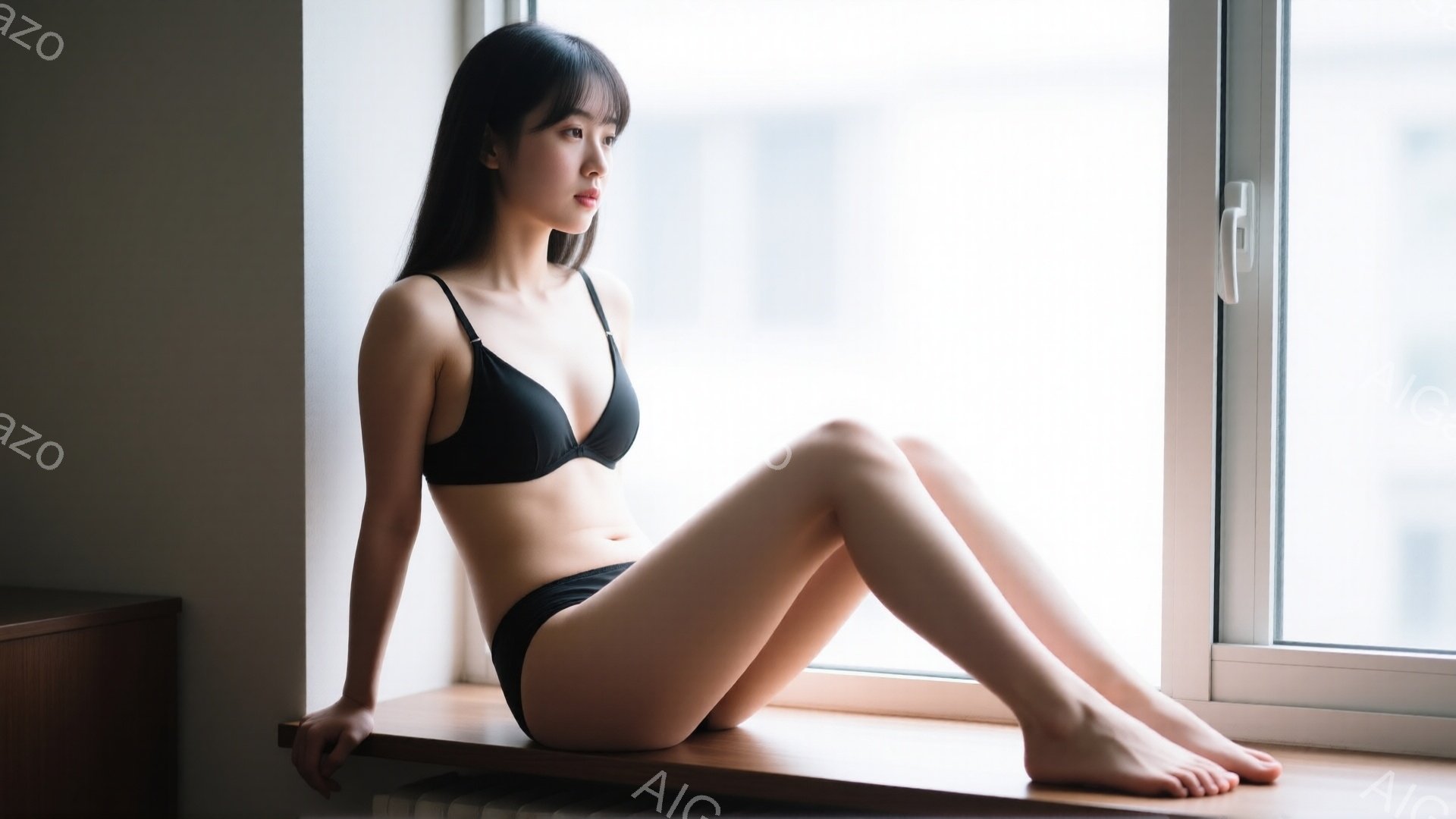 長い黒髪の女性が、窓枠に座ってこちらを見つめています。黒いブラとショーツのみを身に着け、素足でリラックスしたポーズをとっています。背景にはぼやけた都市の景色が見え、全体的に穏やかで静謐な雰囲気が漂って - AI生成フリー素材