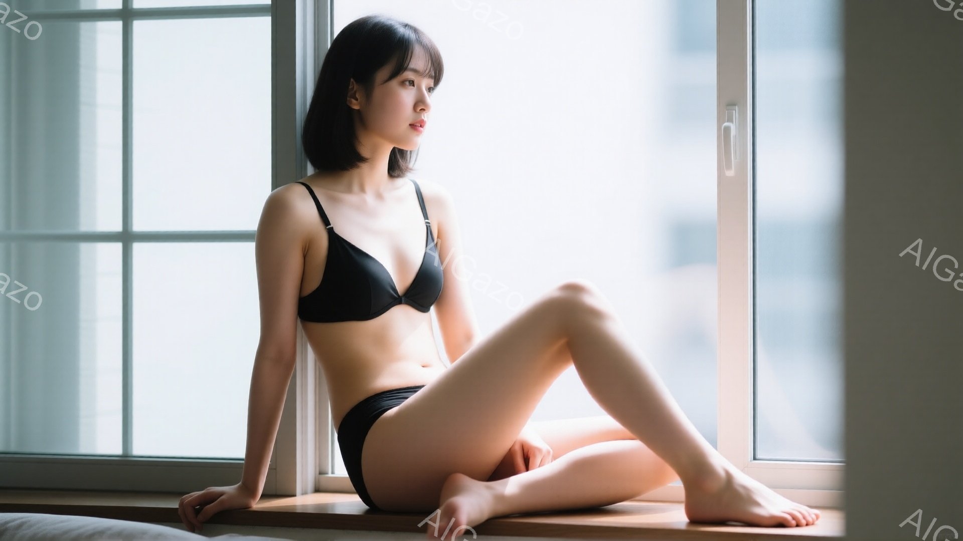 黒いブラとショーツを着用した若い女性が、窓枠に座って横を向いています。彼女は足を伸ばし、少し憂いを帯びた表情で外を見つめています。背景には高層ビルがぼやけ、柔らかい自然光が室内に差し込んでいます。 - AI生成フリー素材