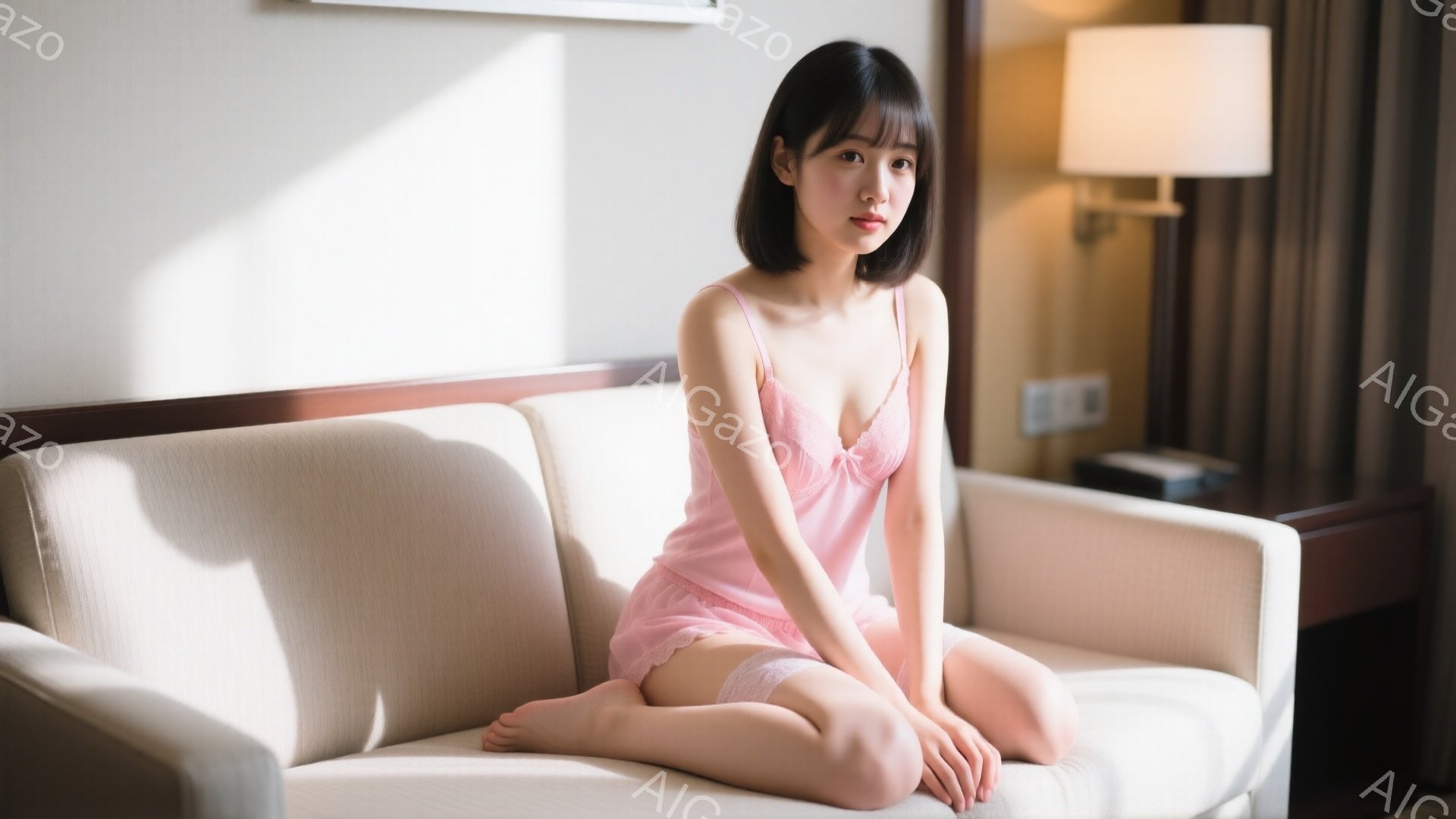 薄桃色のキャミソールとレースの縁取りが施されたショートパンツを身に着けた若い女性が、クリーム色のソファに座って足を組んでいます。彼女は黒髪のショートボブで、少し憂いを含んだ表情で正面を見ています。背景 - AI生成フリー素材