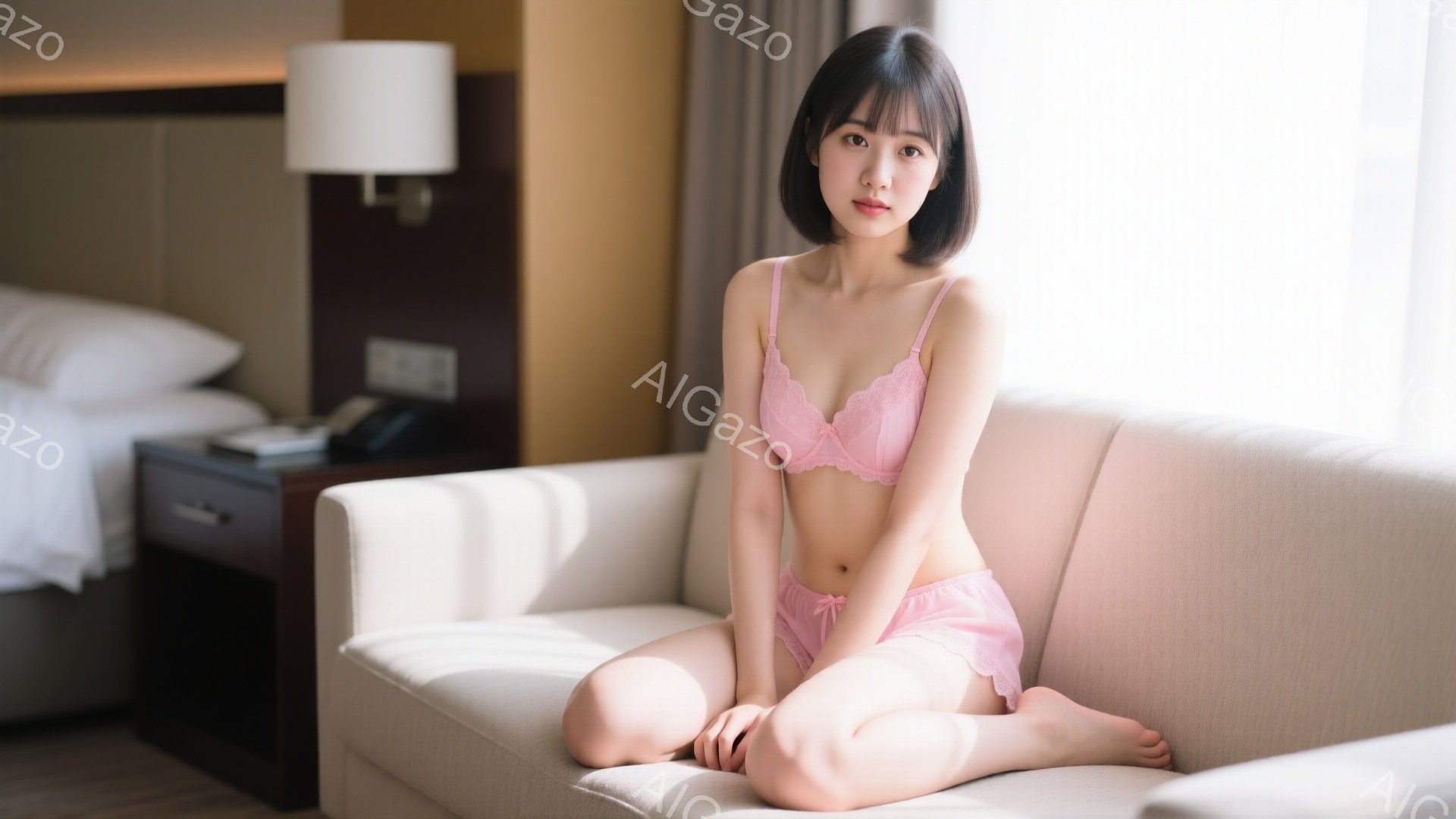 浅いピンク色のレースのブラとショーツを着用した若い女性が、クリーム色のソファに足を組んで座っています。彼女は短い黒髪で、穏やかな表情を浮かべています。背景にはベッドとナイトスタンドがあり、部屋は明るく - AI生成フリー素材