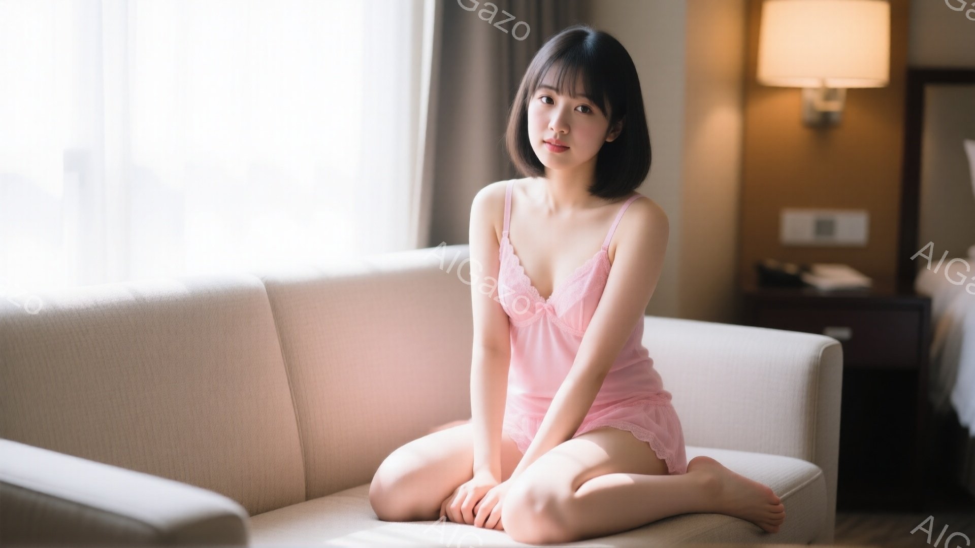 明るい室内で、ピンク色のキャミソールとショーツ姿の若い女性が、白いソファーに座っています。彼女は足を組み、やや微笑んだ表情でカメラを見つめており、黒髪のショートボブが可愛らしい印象を与えます。背景には - AI生成フリー素材