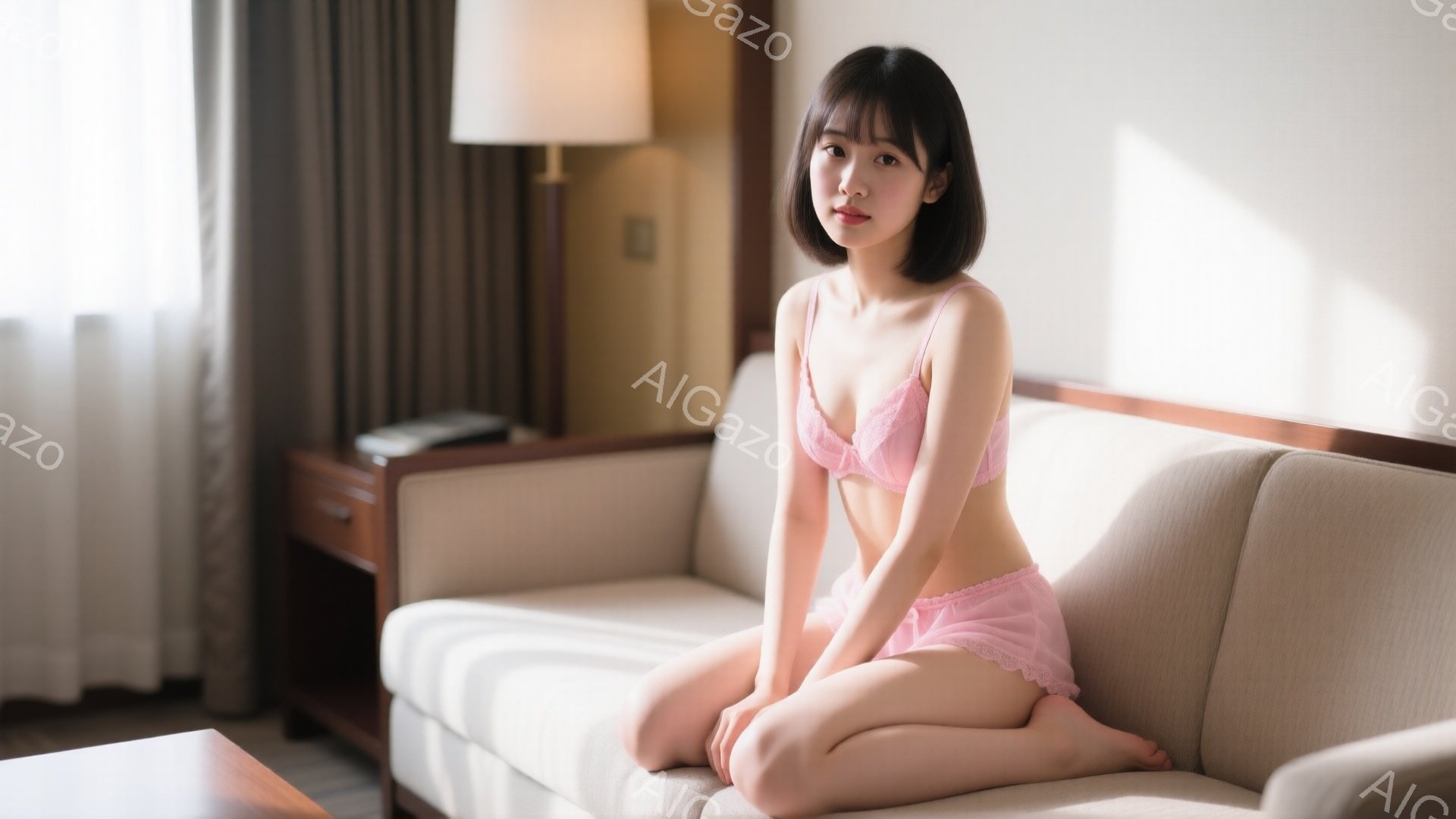 薄いピンク色のレースのブラとショーツを身につけた若い女性が、ベージュ色のソファに座って膝を抱えています。彼女は黒髪のボブスタイルで、穏やかな表情を浮かべています。背景には木製のサイドテーブルと、ぼやけ - AI生成フリー素材