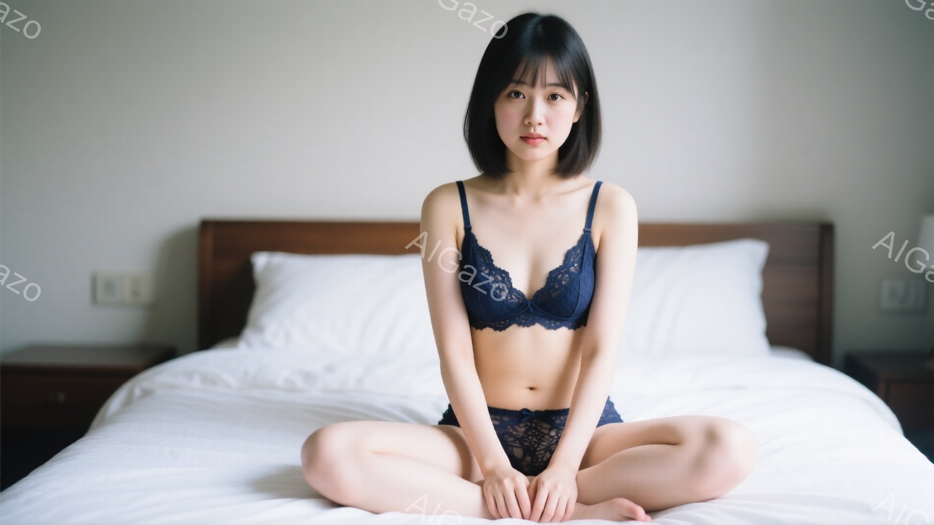 この女性は、紺色のレースのブラジャーとショーツを身に着けて、白いベッドの上に座っています。彼女は黒髪で、前髪が目にかかり、穏やかな表情をしています。背景はシンプルな寝室で、ベッドサイドテーブルと壁のコ - AI生成フリー素材