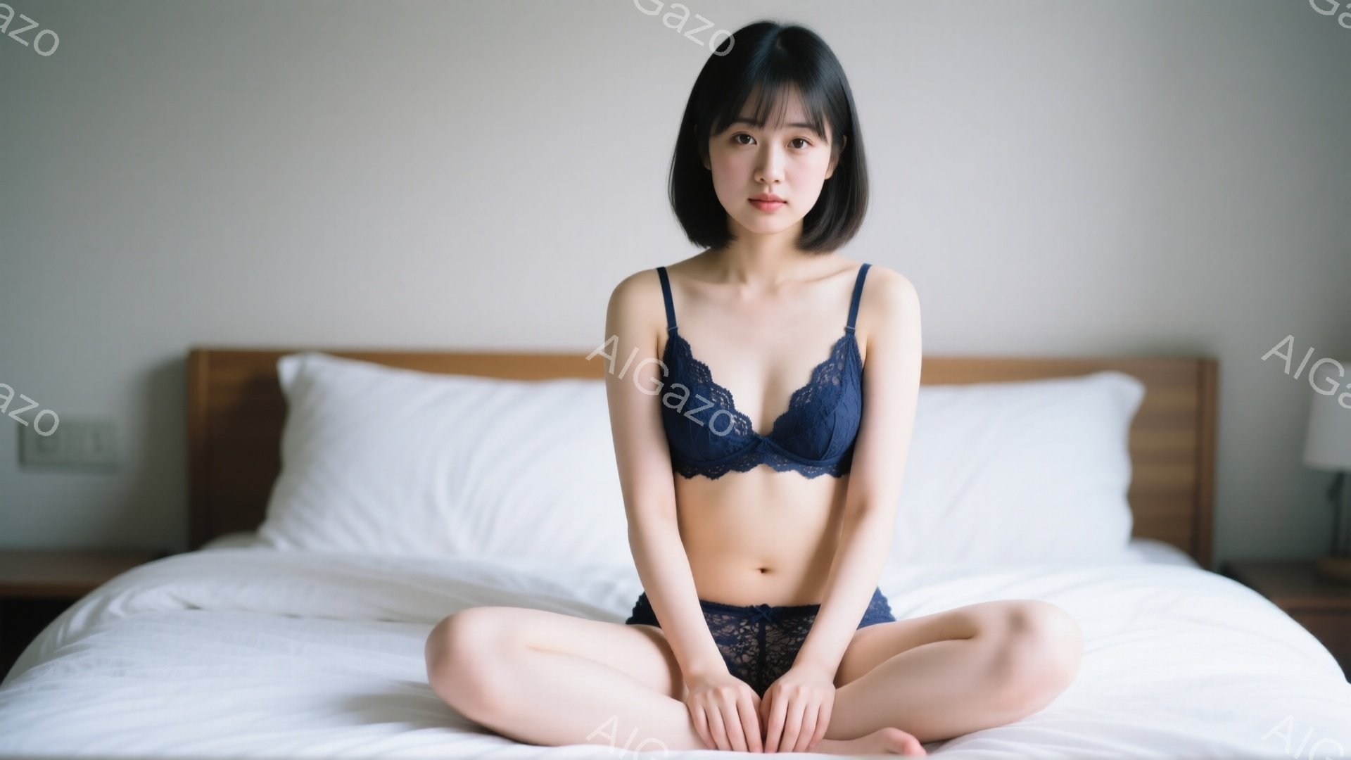 黒髪のボブヘアの女性がベッドに座禅を組んで座っている。彼女は濃い青色のレースのブラジャーとショーツを身につけ、表情は穏やかで、どこか物憂げである。背景には白い枕が並び、間接照明が柔らかい光を投げかけている。