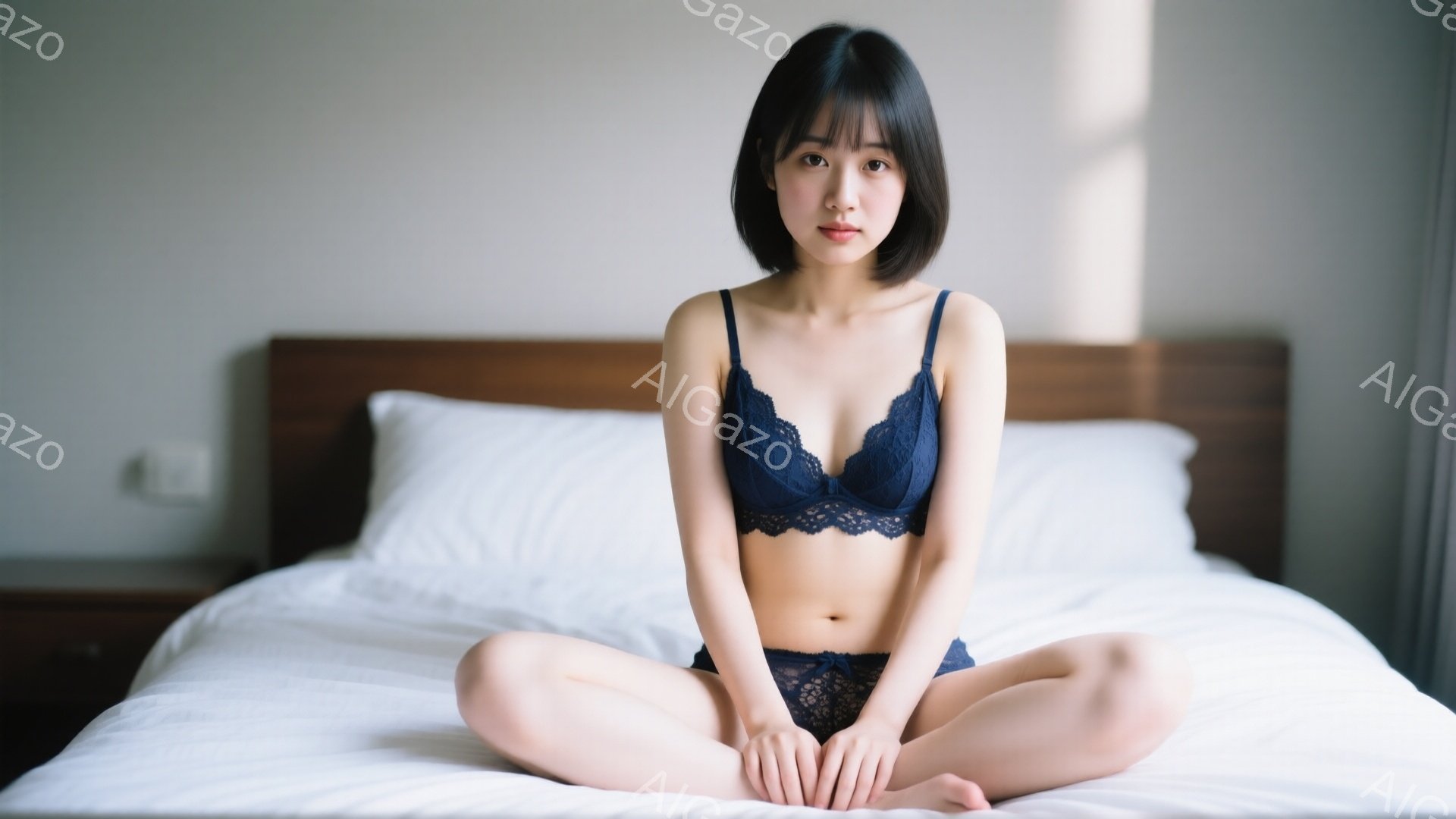 黒髪の短いヘアスタイルの女性がベッドに座って正面を見つめています。彼女は濃い青色のレースのブラジャーとショーツを着用し、足を組んでリラックスした姿勢を見せています。背景は白く清潔なベッドと木製のナイト - AI生成フリー素材