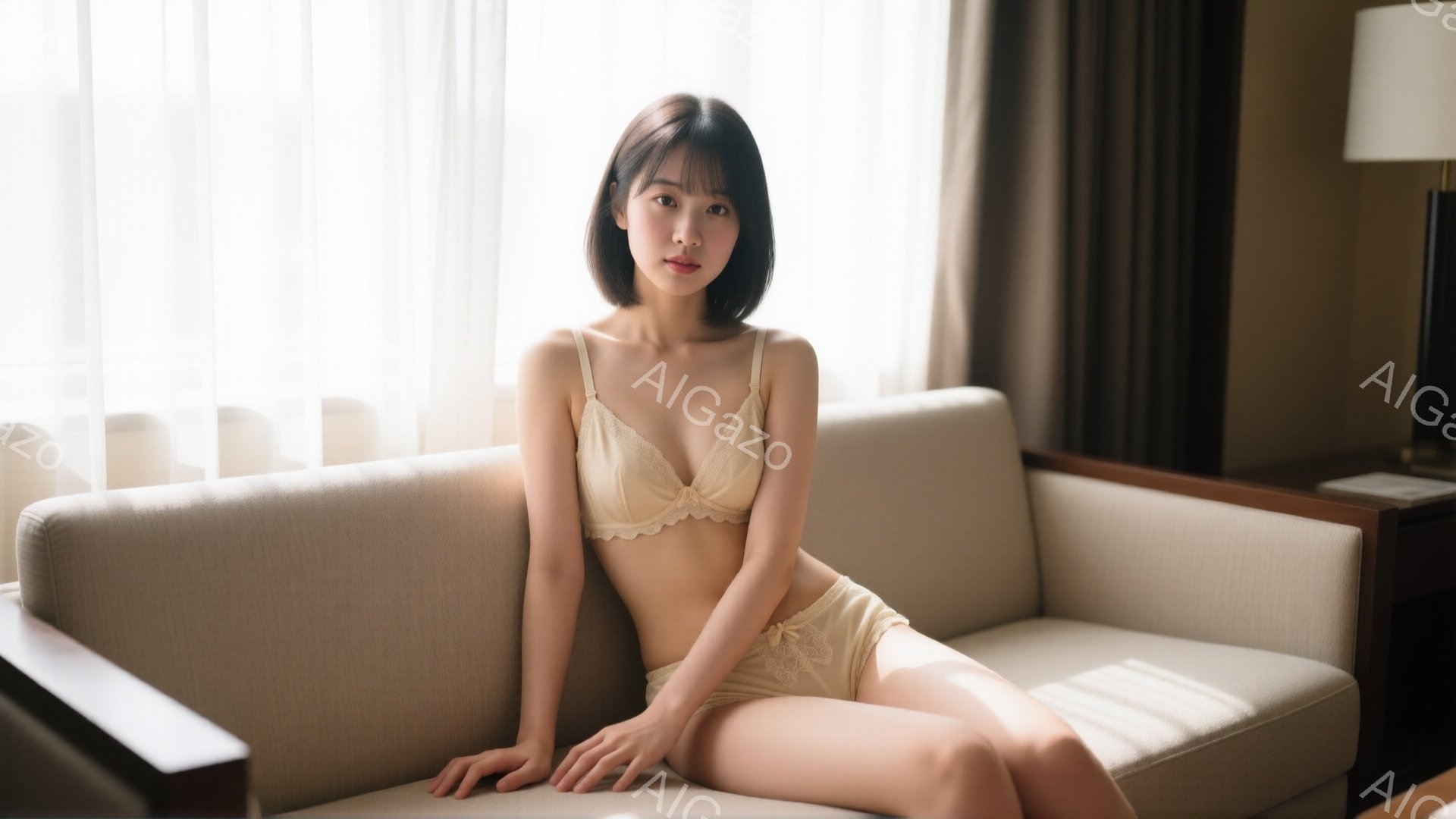 明るい室内で、ベージュのブラとショーツを着用した若い女性がソファに座っています。彼女はショートヘアで、穏やかな表情を浮かべています。背景には間接照明とカーテンが見え、全体的に柔らかく自然な雰囲気です。