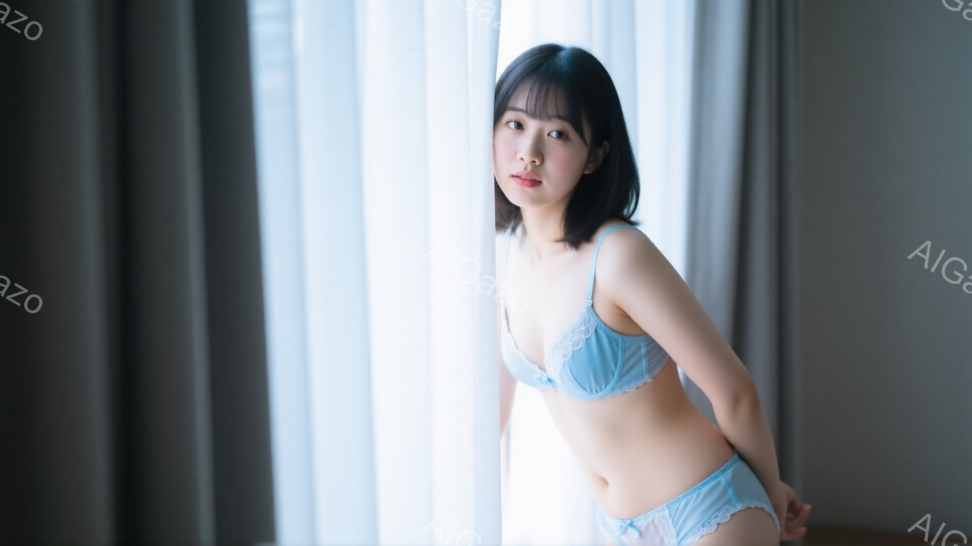 明るいブルーのレースのブラとショーツを身につけた若い女性が写っている。彼女は黒髪のボブヘアで、控えめな微笑みを浮かべ、少し内股で立っている。背景は白いカーテンで、柔らかく明るい雰囲気を醸し出している。