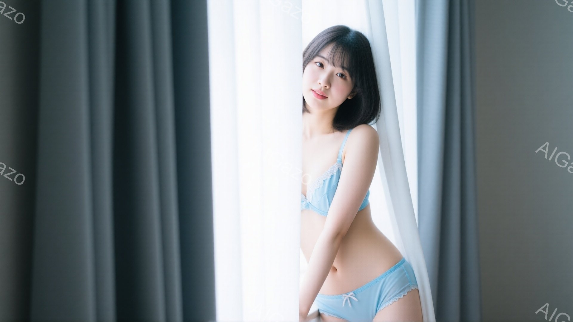 浅いブルーのレースがあしらわれたブラとショーツを着用した若い女性が立っています。彼女は肩までの長さのダークブラウンの髪で、少し微笑んでいます。背景は白く、薄い灰色のカーテンで縁取られており、柔らかく夢 - AI生成フリー素材