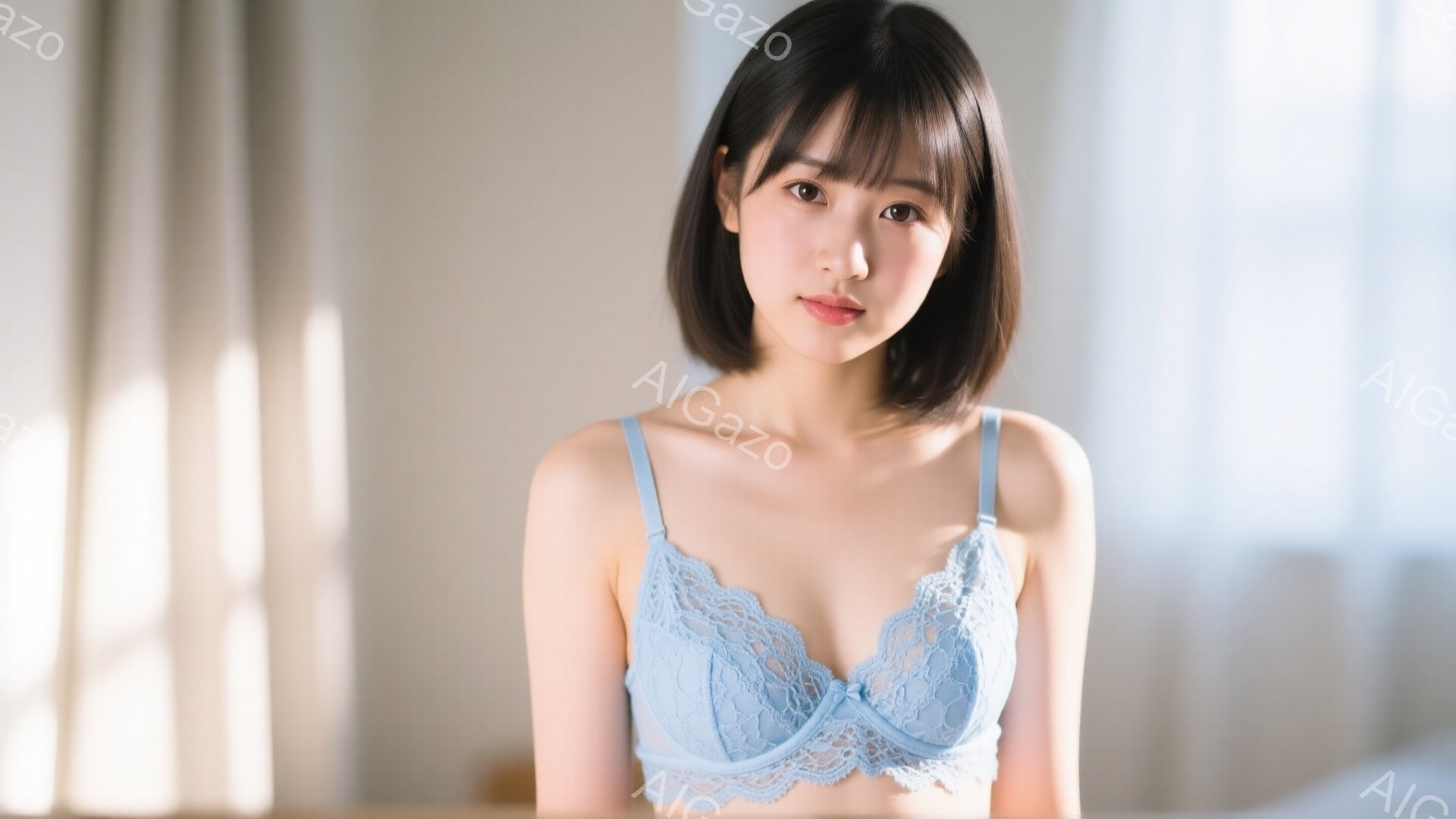 画像には、薄い水色のレースのブラレットを着た若い女性が写っています。彼女は黒髪のショートボブで、穏やかな表情で正面を見つめています。背景はぼやけていますが、室内のような明るい空間で、柔らかい光が差し込 - AI生成フリー素材