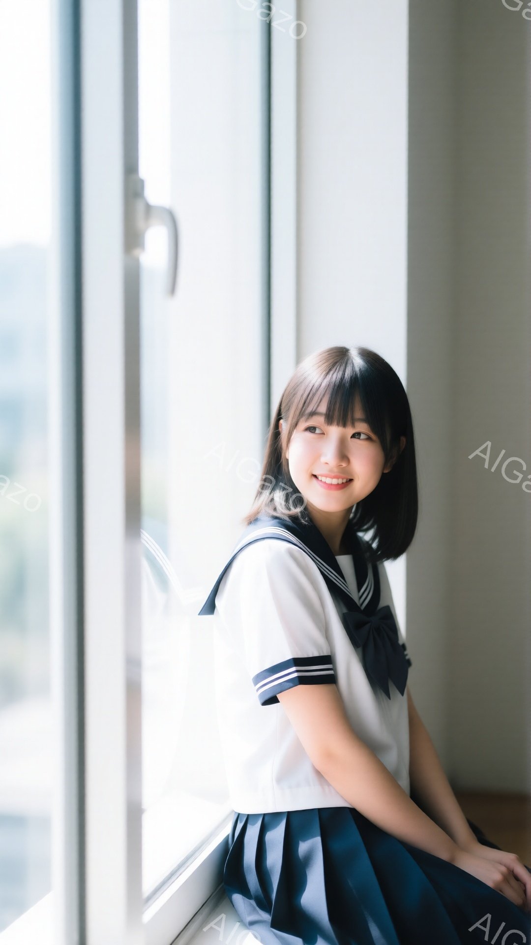 制服を着た若い女性が窓際に座っており、微笑んでいます。彼女は紺色のブレザーとプリーツスカートを着用し、髪は肩までの長さで、前髪は少しカールしています。背景にはぼやけた建物が見え、明るい自然光が差し込み、全体的に穏やかで爽やかな雰囲気が漂っています。