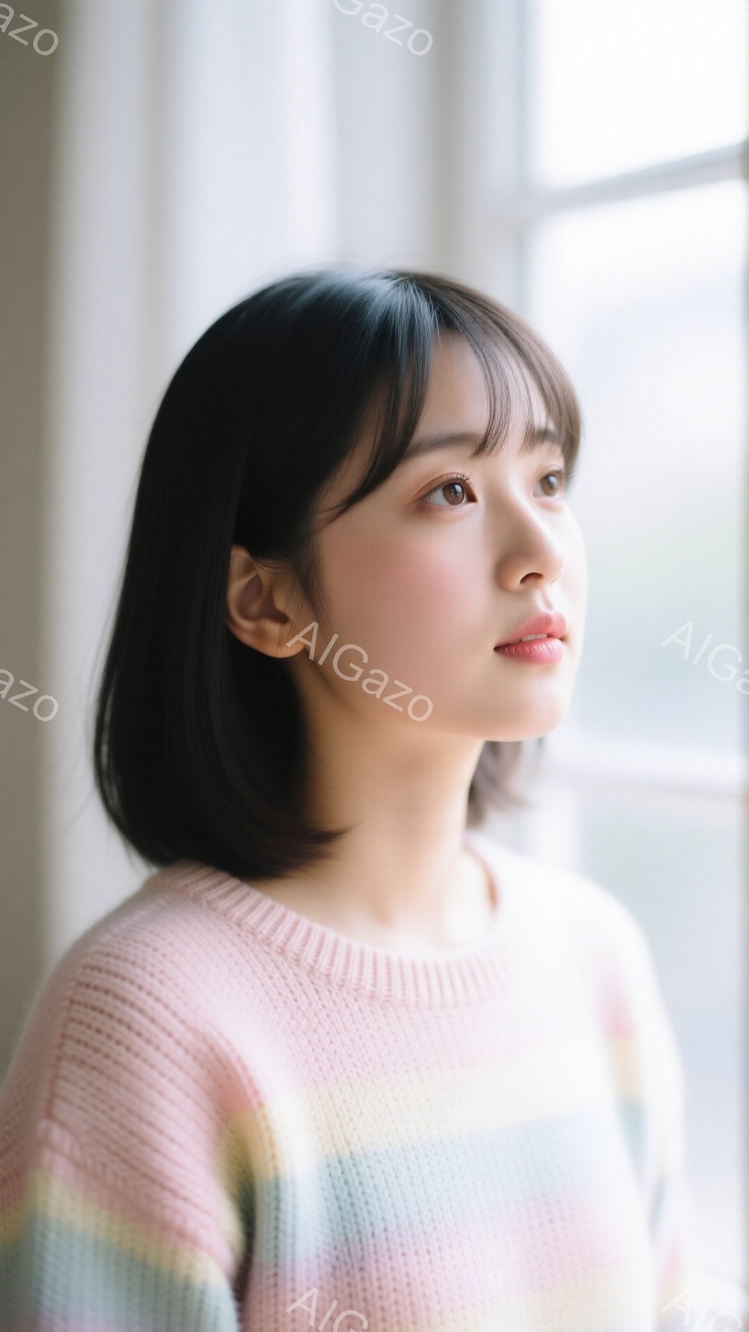 若い女性が、パステルカラーのストライプセーターを着て、窓辺で物思いにふけっている様子が写っている。彼女は黒髪のショートボブで、少し微笑みを浮かべ、遠くを見つめている。背景はぼやけており、柔らかい自然光が彼女を照らし、穏やかで優しい雰囲気を醸し出している。