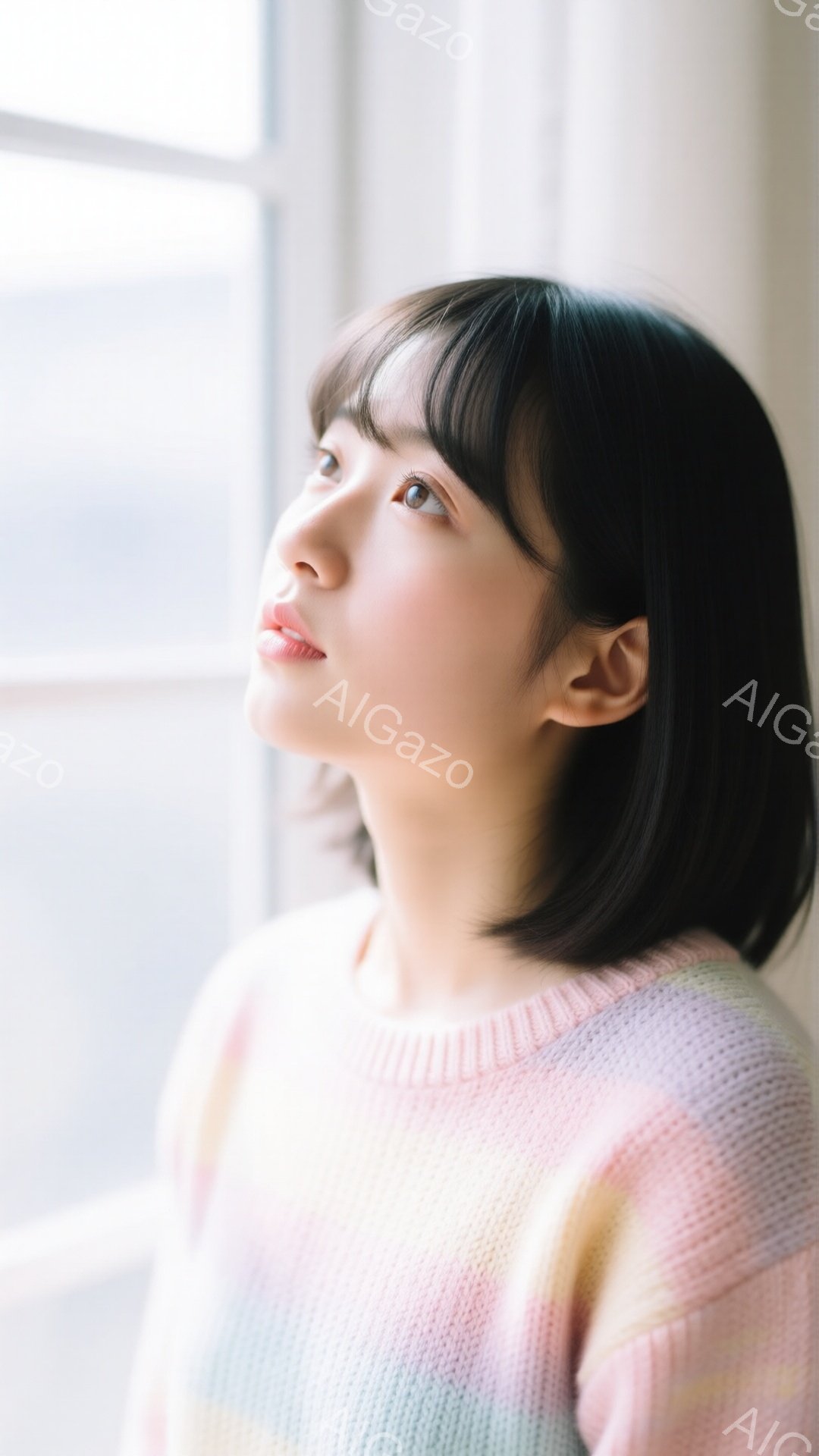 黒髪の短いヘアスタイルをした若い女性が、窓辺で上を見つめています。彼女はパステルカラーのセーターを着ており、穏やかで希望に満ちた表情をしています。背景はぼやけており、窓の外には建物が見えますが、全体的 - AI生成フリー素材