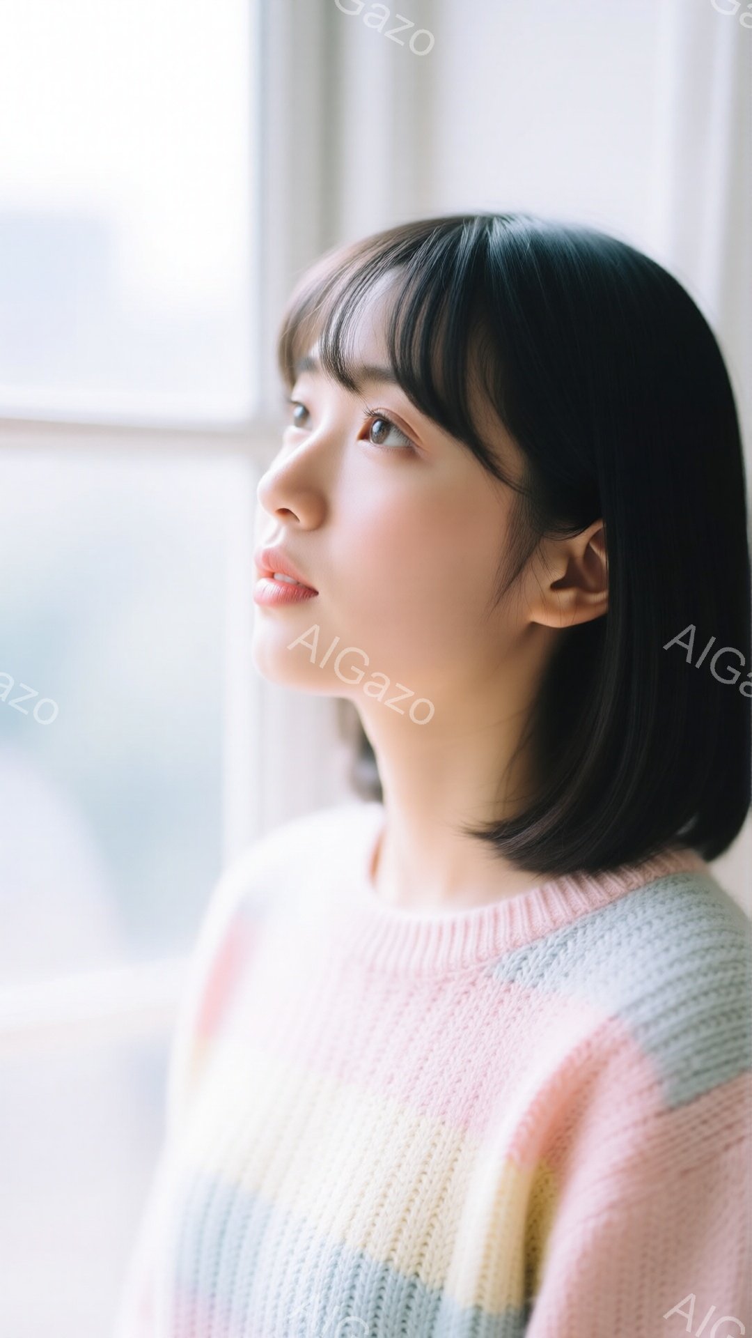 若い女性が、窓辺で何かを見つめるように横顔を見せています。彼女はピンク、水色、黄色などのパステルカラーが組み合わさったセーターを着ており、短くダークブラウンのヘアスタイルに整えられています。背景にはぼ - AI生成フリー素材