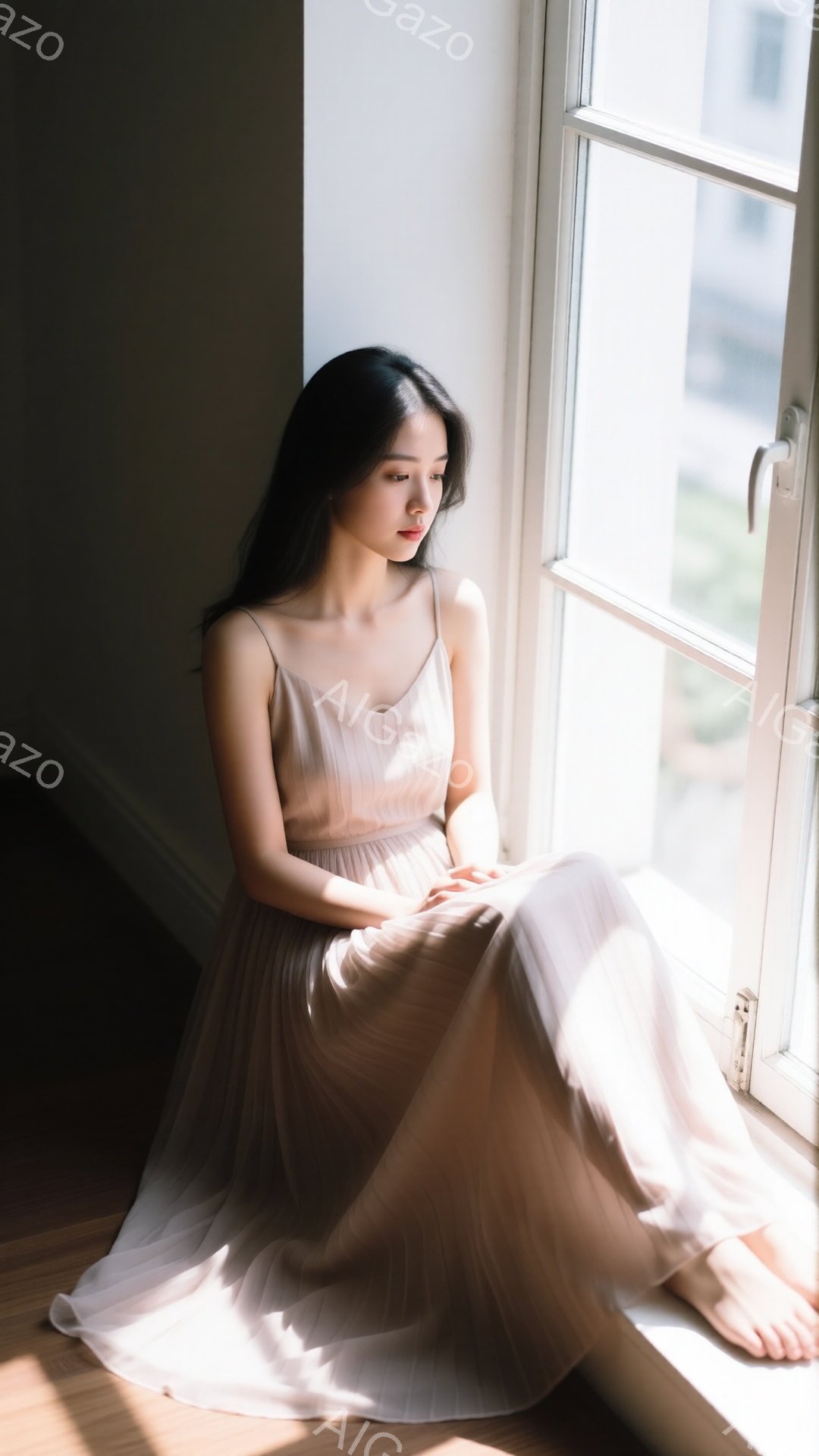 長い黒髪をなびかせた女性が、薄いピンク色のフロア丈のドレスを着て、窓枠に座っています。彼女は足を組んで座り、少し下を向いた表情で、穏やかで物憂げな雰囲気を醸し出しています。窓の外には建物が見え、柔らか - AI生成フリー素材
