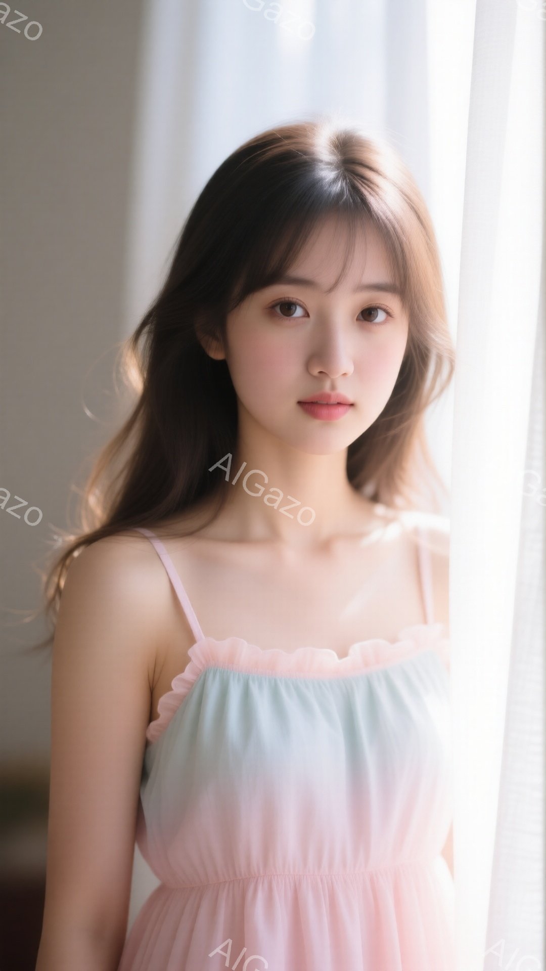 長い茶色の髪を持つ若い女性が、薄いピンクと水色のストラップのドレスを着ています。彼女はわずかに微笑んでおり、柔らかい光が彼女を照らしています。背景には白いカーテンがあり、全体的に柔らかく、夢のような雰 - AI生成フリー素材