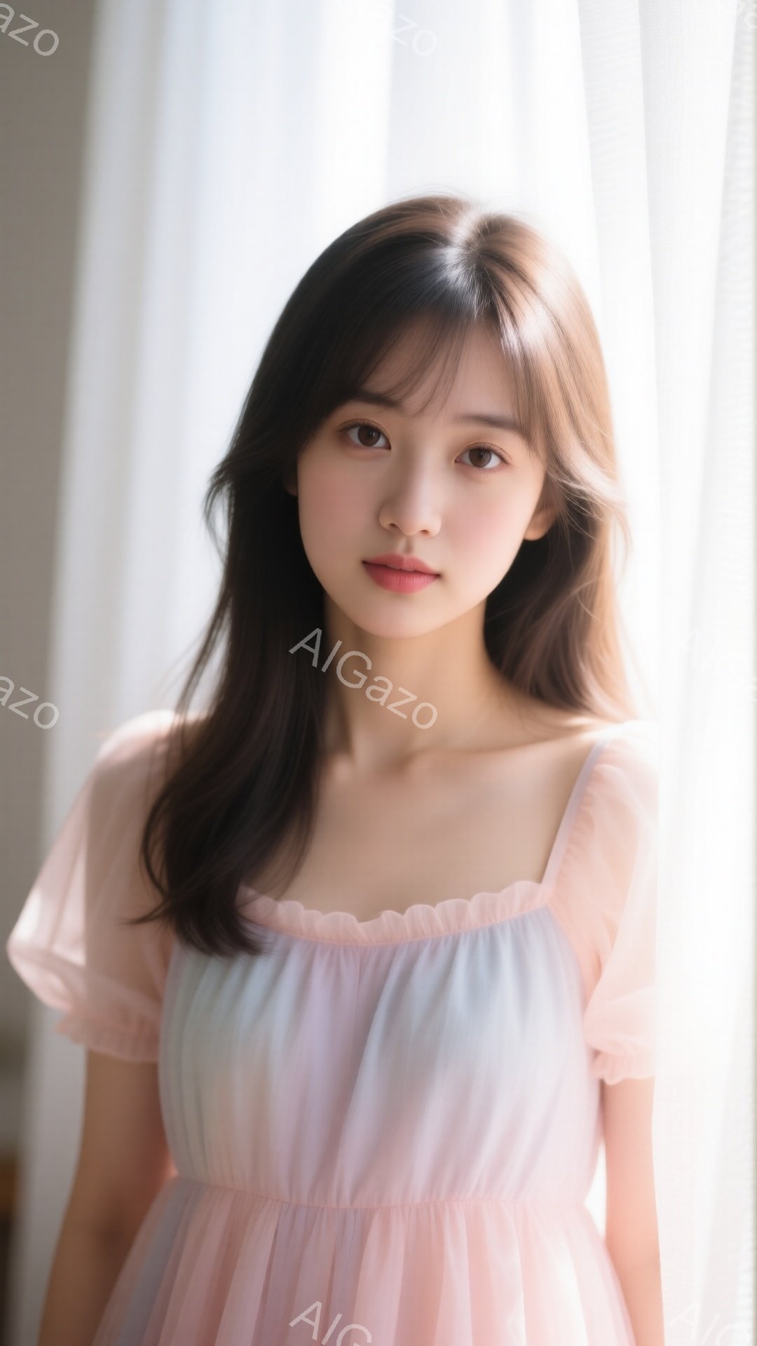 長い黒髪を無造作に肩にかける若い女性が写っている。淡いピンク色のオフショルダーのドレスを着ており、表情は穏やかで、少し微笑んでいるように見える。背景は白く、柔らかい光が差し込んでおり、全体的に優しい雰囲気が漂っている。