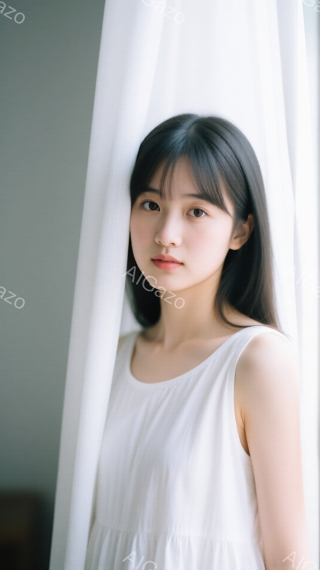 黒髪で前髪が目の上にかかる女性が、白いタンクトップドレスを着て立っている。彼女は穏やかな表情で、やや横を向いており、柔らかい光が彼女を照らしている。背景は白く、カーテンの一部が彼女の横にあることがわかる。