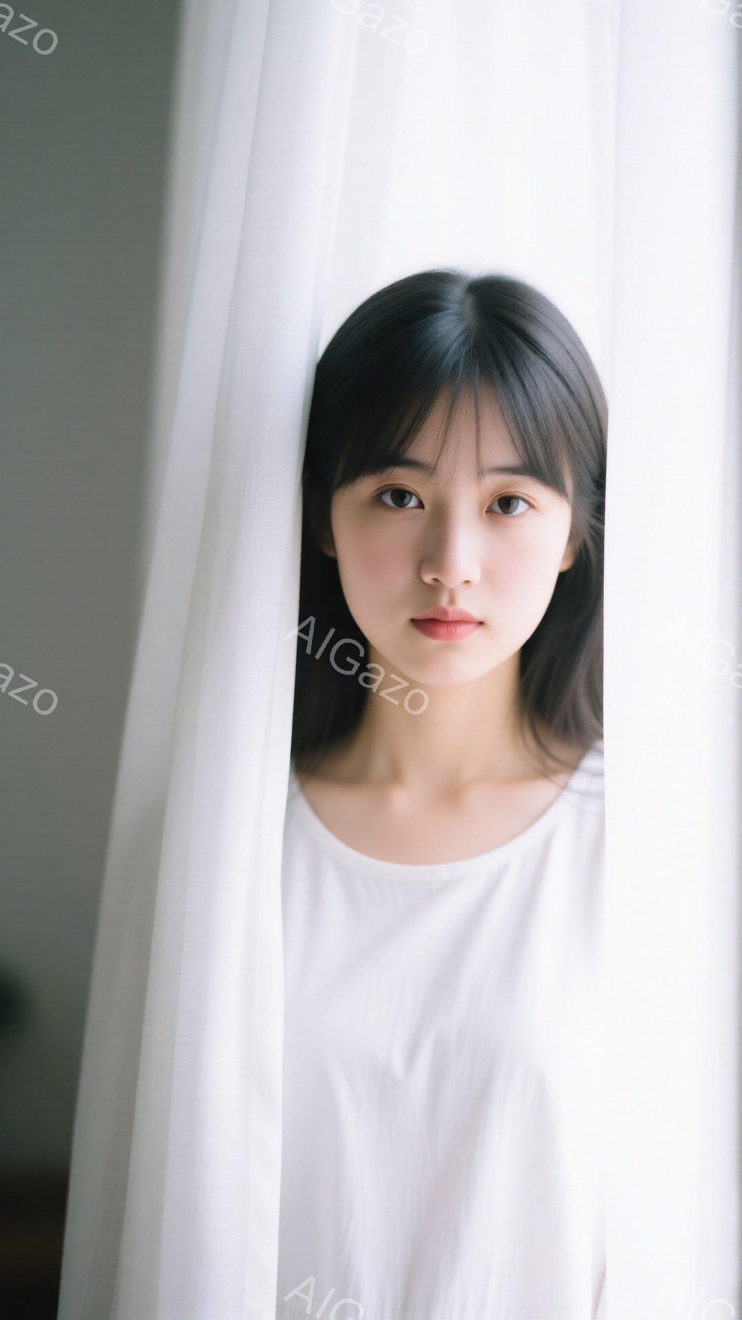 黒髪の女性が白いカーテンの前に立っている。彼女は白いトップスを着ており、前髪が少し長めのストレートヘアスタイルである。表情は穏やかで、わずかに微笑んでいるように見える。 - AI生成フリー素材