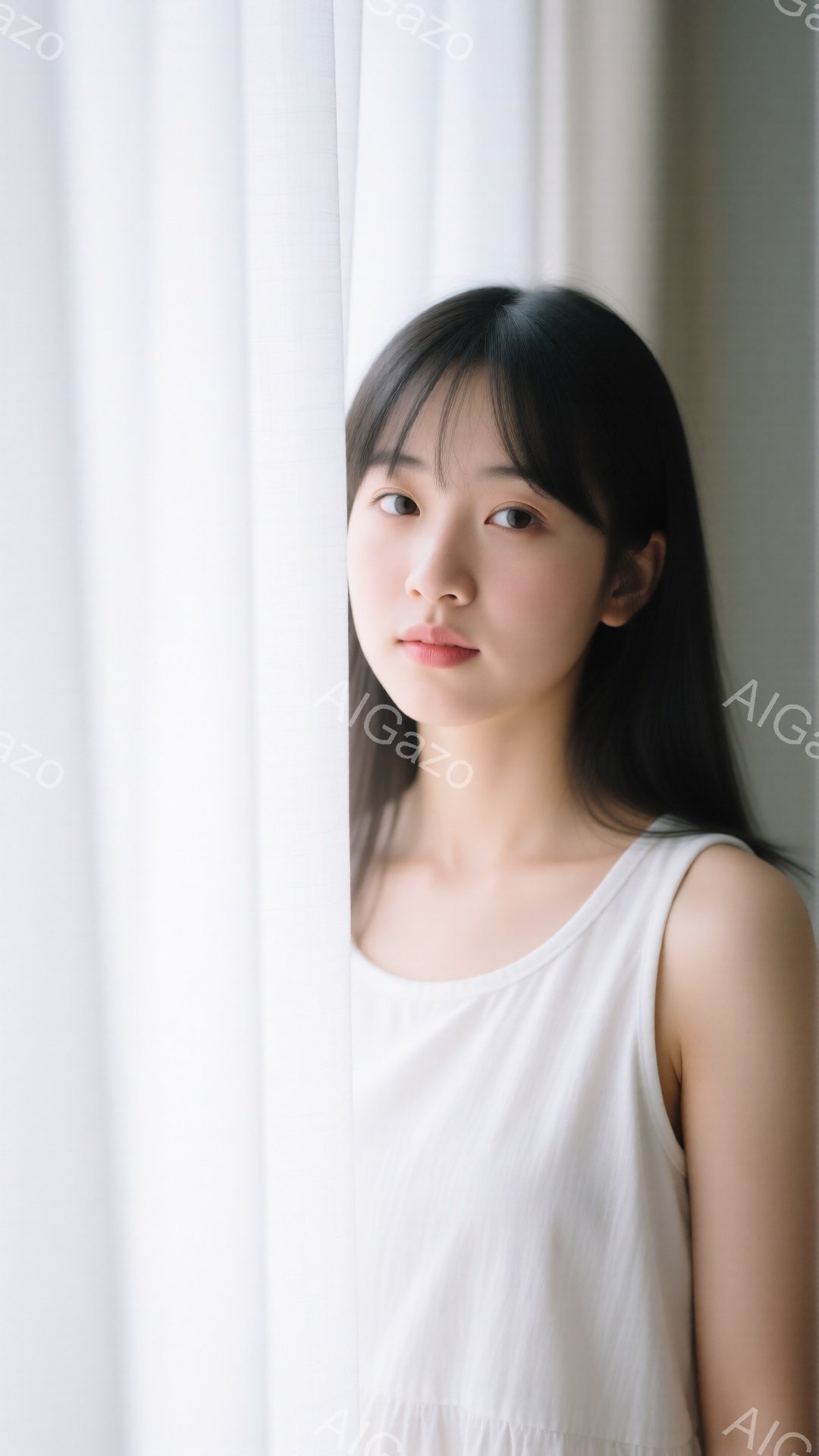 黒髪で前髪が目の上ギリギリまで伸びた女性が、白いタンクトップのような服を着て立っています。彼女はわずかに微笑んでおり、落ち着いた表情でカメラを見つめています。背景は白いカーテンで、光が柔らかく彼女を照 - AI生成フリー素材