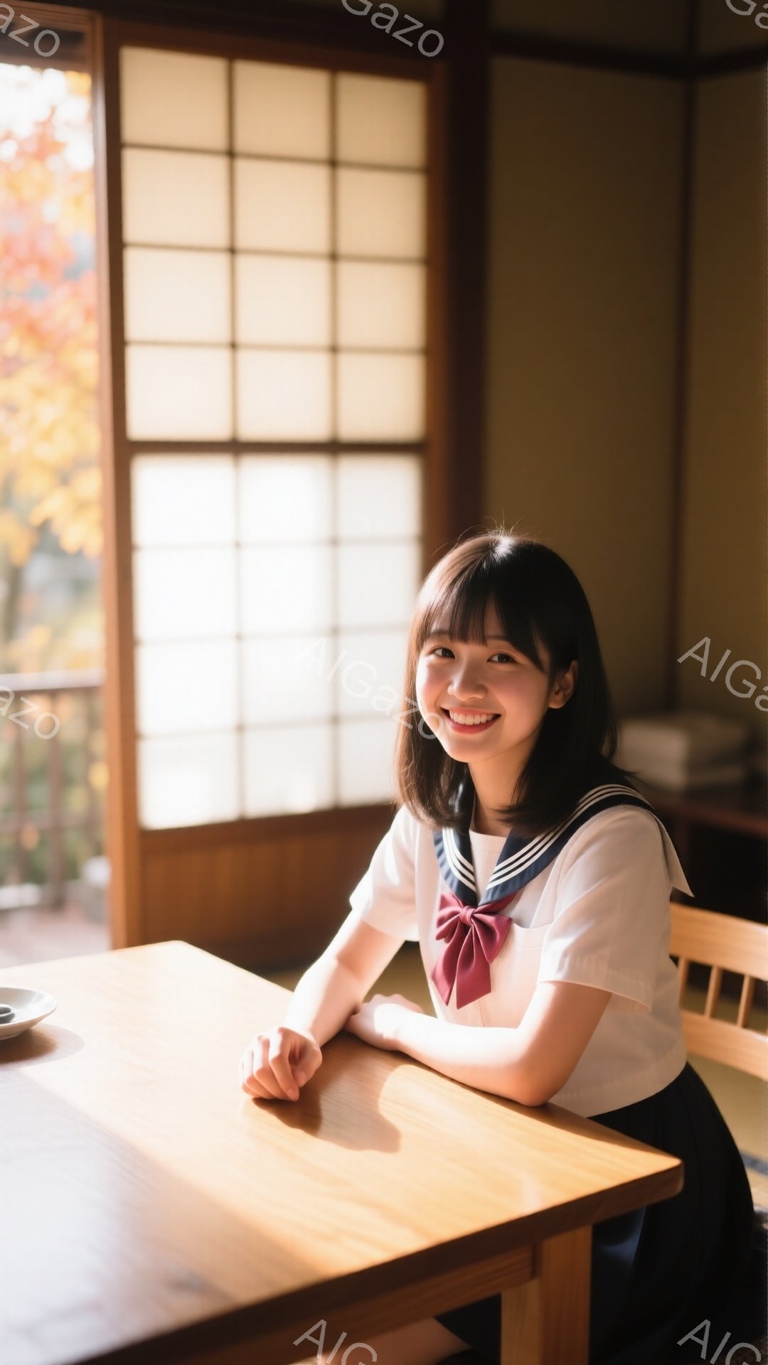 茶髪のショートヘアの女性が、白いブラウスと紺色のスカートの制服を着て、明るい木製のテーブルに座っています。彼女は微笑んでおり、リラックスした姿勢で、背景には和風の格子戸が見えます。光が差し込み、温かく穏やかな雰囲気が漂っています。