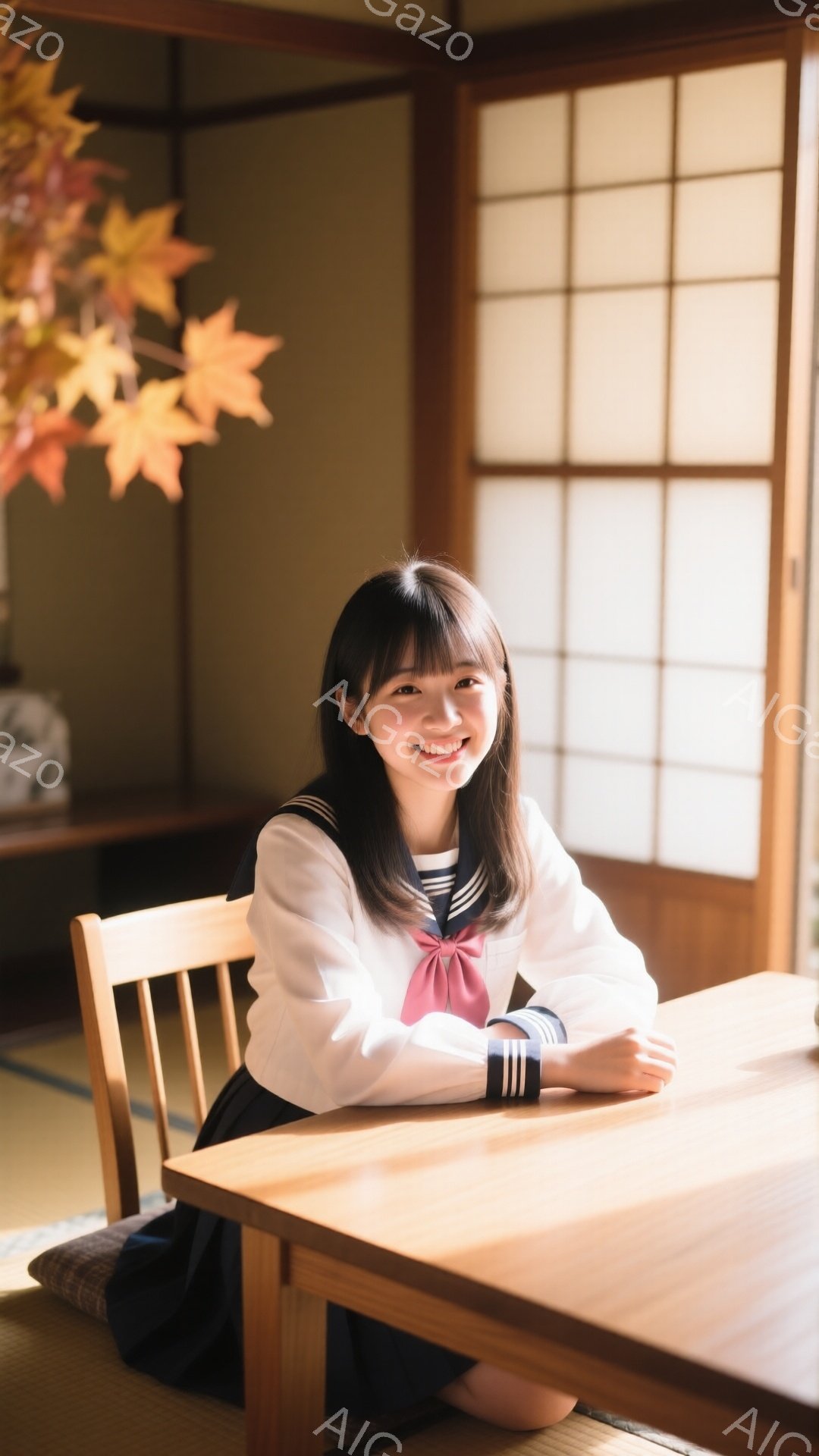 制服姿の若い女性が、畳敷きの部屋で木のテーブルに寄りかかって座っています。彼女は明るい笑顔を浮かべ、三つ編みの髪と赤いリボンが特徴的です。背景には木製の障子と紅葉の生け花が飾られ、温かく穏やかな雰囲気が漂っています。