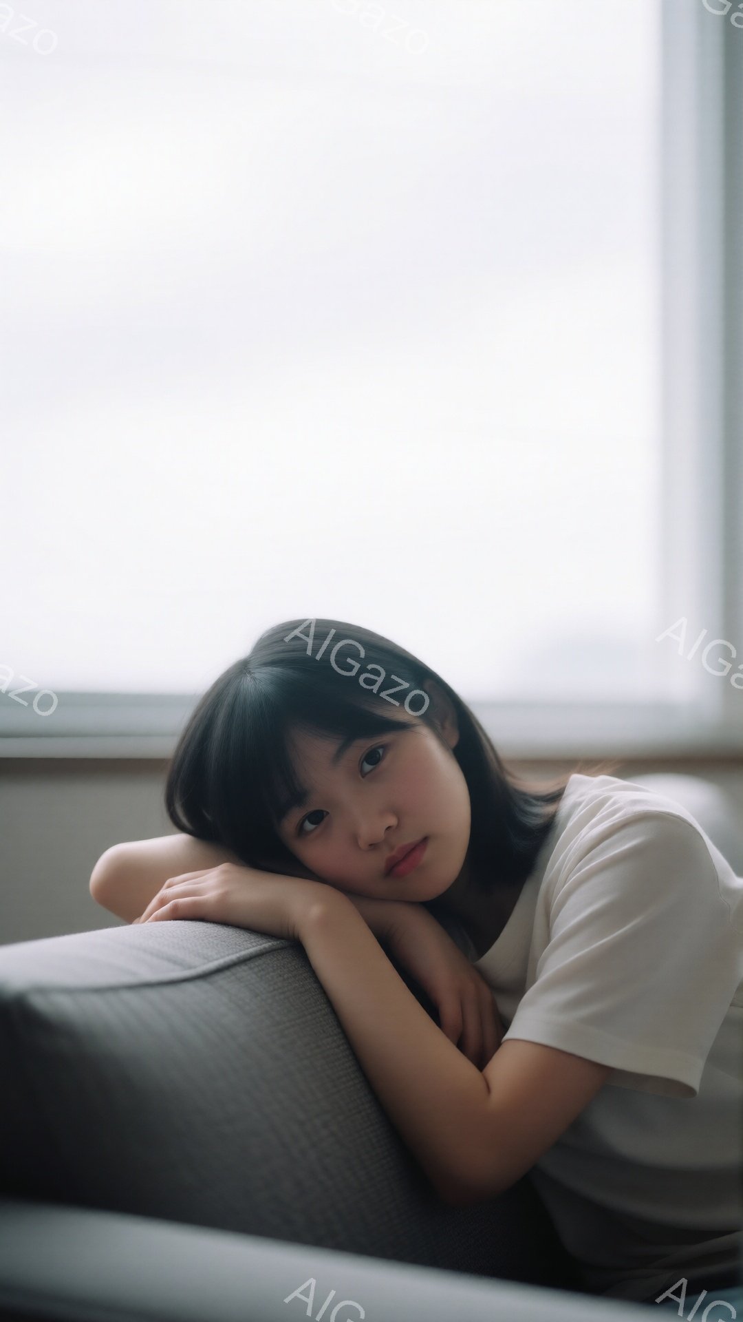 黒髪の女性が、グレーのソファに肘をついて横たわっている。白いTシャツを着ており、少し微笑んだ表情でカメラを見ている。背景はぼやけた窓で、柔らかい自然光が差し込み、全体的に穏やかでリラックスした雰囲気を醸し出している。
