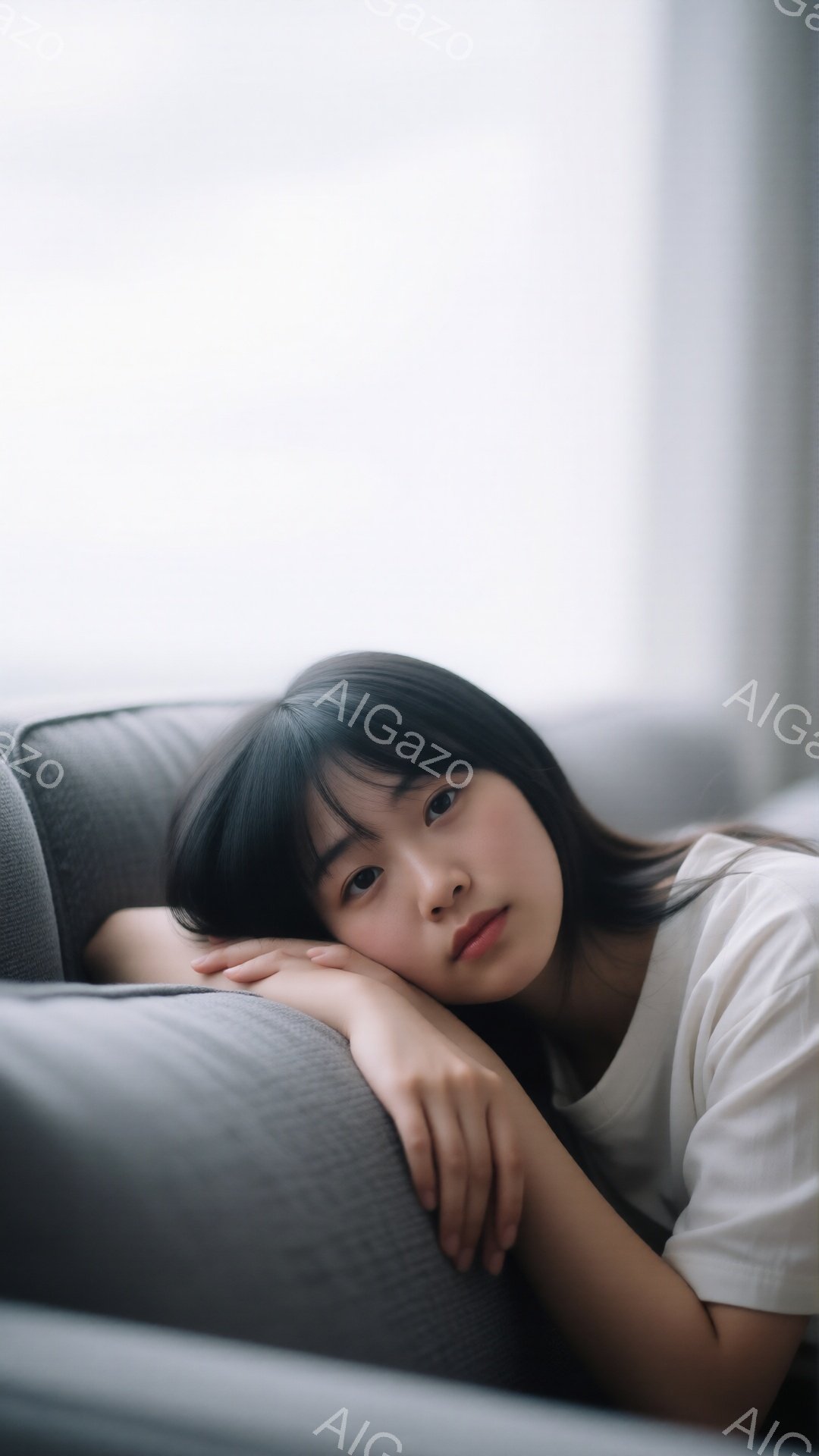 黒髪の女性がグレーのソファに肘をついて横たわっており、やや物憂げな表情を浮かべている。白いTシャツを着ており、髪は肩にかかる程度の長さで、前髪が少し目にかかっている。背景はぼやけており、室内であることがわかるが、詳細は不明で、全体的に落ち着いた雰囲気が漂っている。