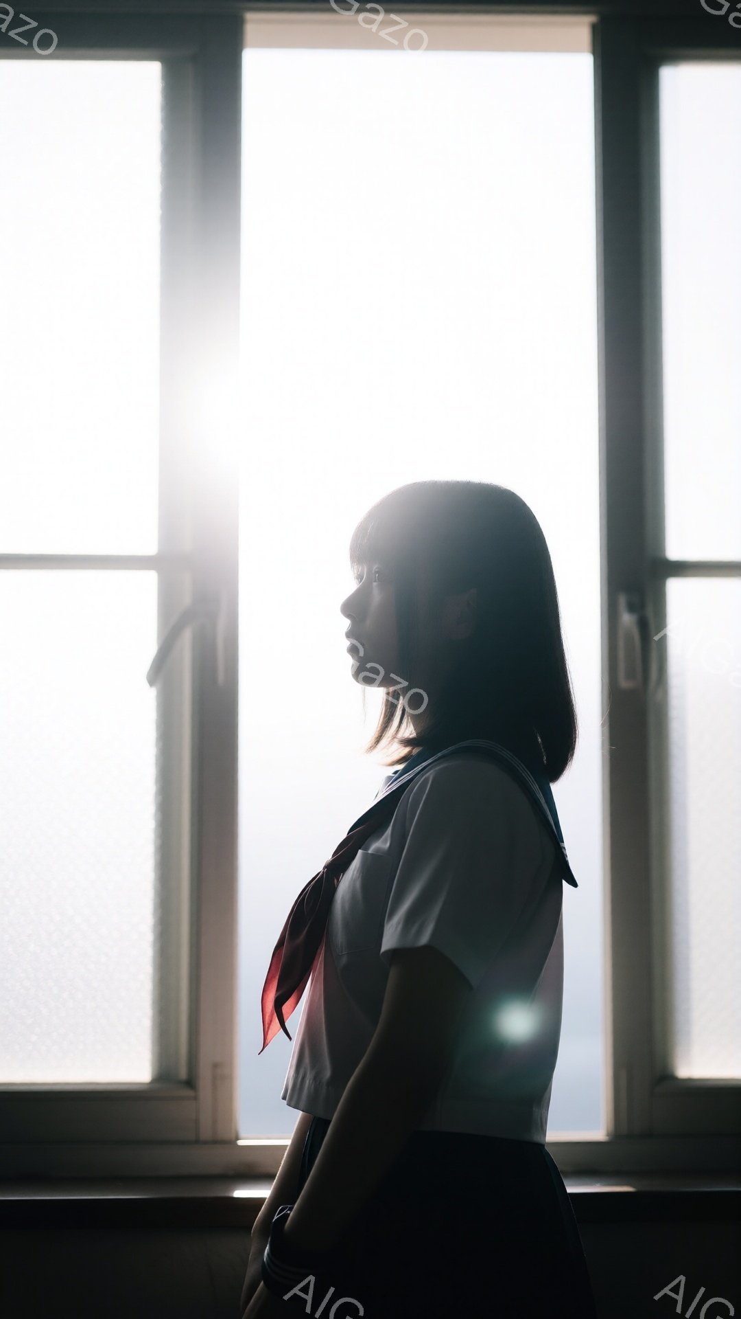 暗い背景に、制服を着た少女が横向きに立っている。彼女は短い黒髪で、赤いネクタイが特徴的だ。窓から差し込む光が彼女のシルエットを強調し、物憂げで内省的な雰囲気を醸し出している。