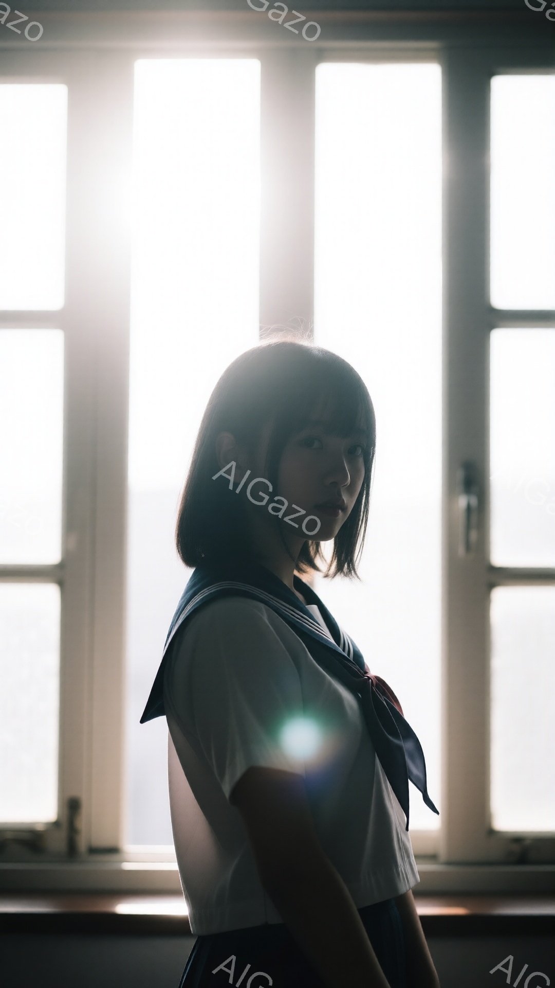 短い黒髪の少女が、白いブラウスと紺色のセーラー服を着て、少し横を向いて立っている。彼女の表情はやや憂いを帯びており、窓から差し込む強い光が彼女の横顔を照らしている。背景は白い窓枠と、ぼんやりとした外の - AI生成フリー素材