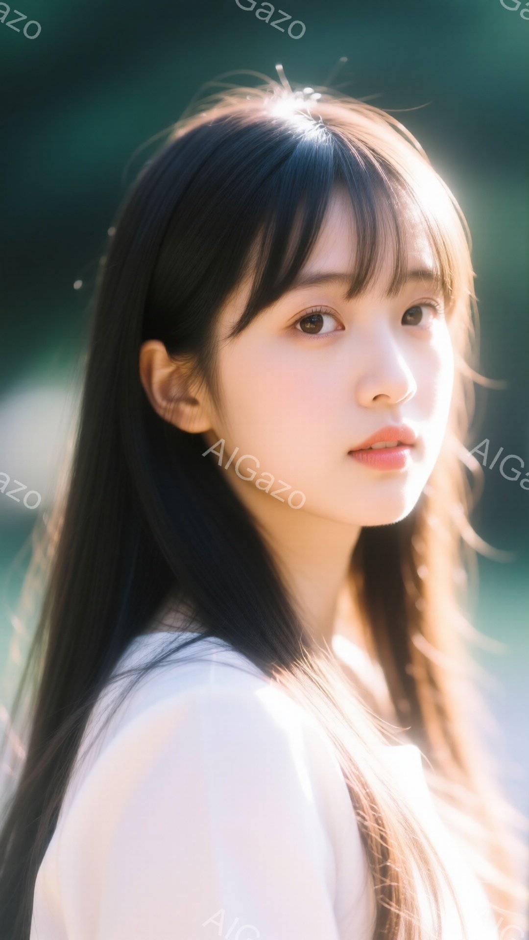 長い黒髪をセンターパートにした若い女性が写っています。白いブラウスを着ており、表情は穏やかで、わずかに微笑んでいます。背景は緑でぼやけており、太陽光が差し込み、柔らかく優しい雰囲気を醸し出しています。