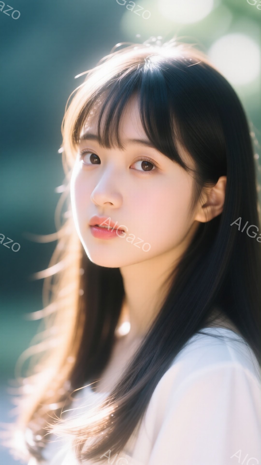 長い黒髪で、前髪が眉毛にかかるようにカットされた若い女性が写っています。白いシャツを着ており、少し微笑んでおり、穏やかで優しい表情をしています。背景は緑豊かな自然で、光が差し込み、全体的に柔らかく、夢 - AI生成フリー素材