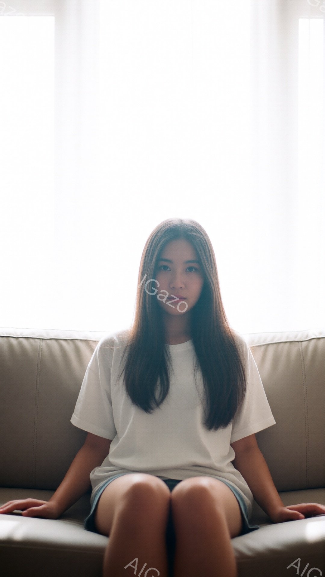 長い黒髪の女性がベージュ色のソファに座っています。白いTシャツと短いスカートを身につけ、少し憂いを帯びた表情で正面を見つめています。背景はぼやけた窓で、柔らかく明るい光が差し込んでおり、全体的に穏やか - AI生成フリー素材