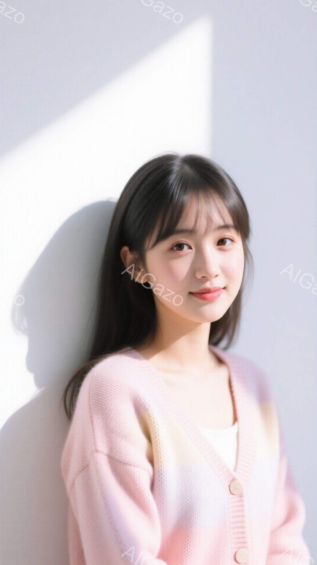 長い黒髪で、前髪は眉毛にかかるようにカットされた若い女性が写っています。ピンクと白のグラデーションのカーディガンを羽織り、白いインナーを着用しています。背景は白い壁で、彼女の顔には柔らかい光が当たり、穏やかで優しい雰囲気を醸し出しています。