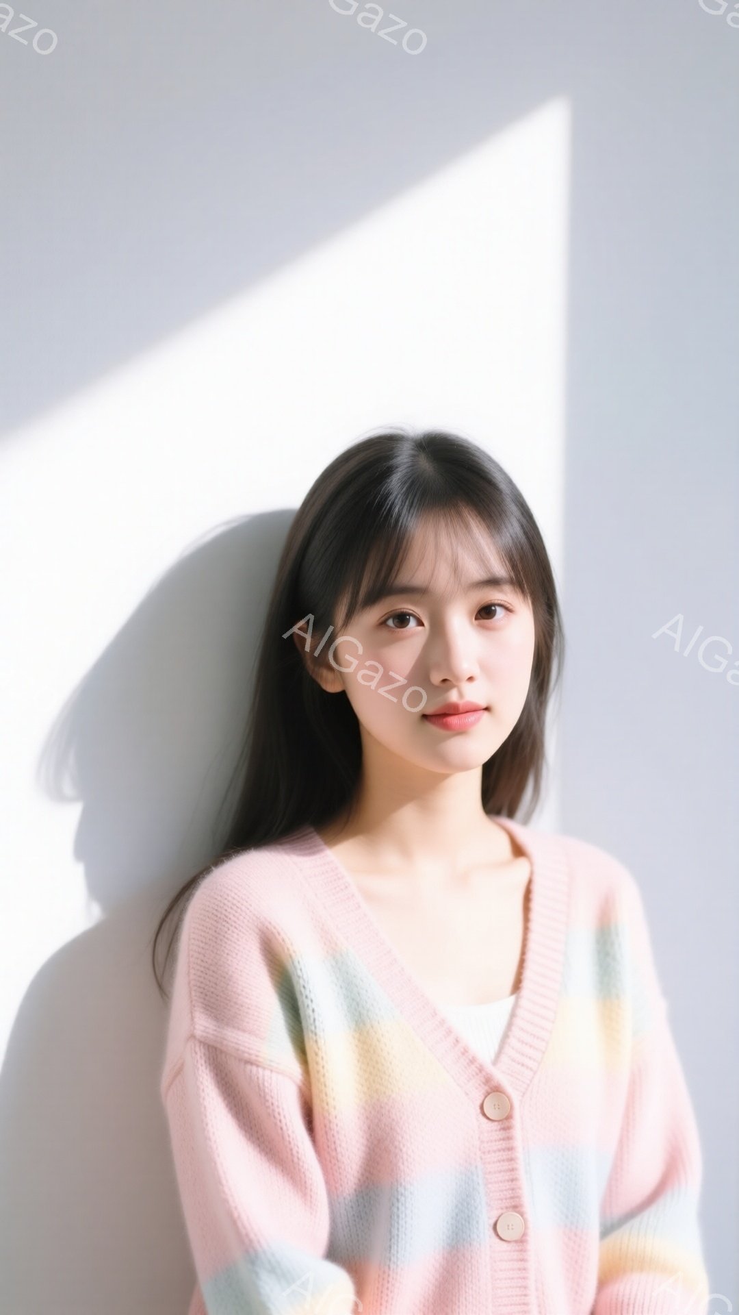 長い黒髪の女性が、パステルカラーのカーディガンを着て正面を向いています。彼女は少し微笑んでおり、穏やかな表情をしています。背景は白い壁で、光が差し込み、影が作られています。