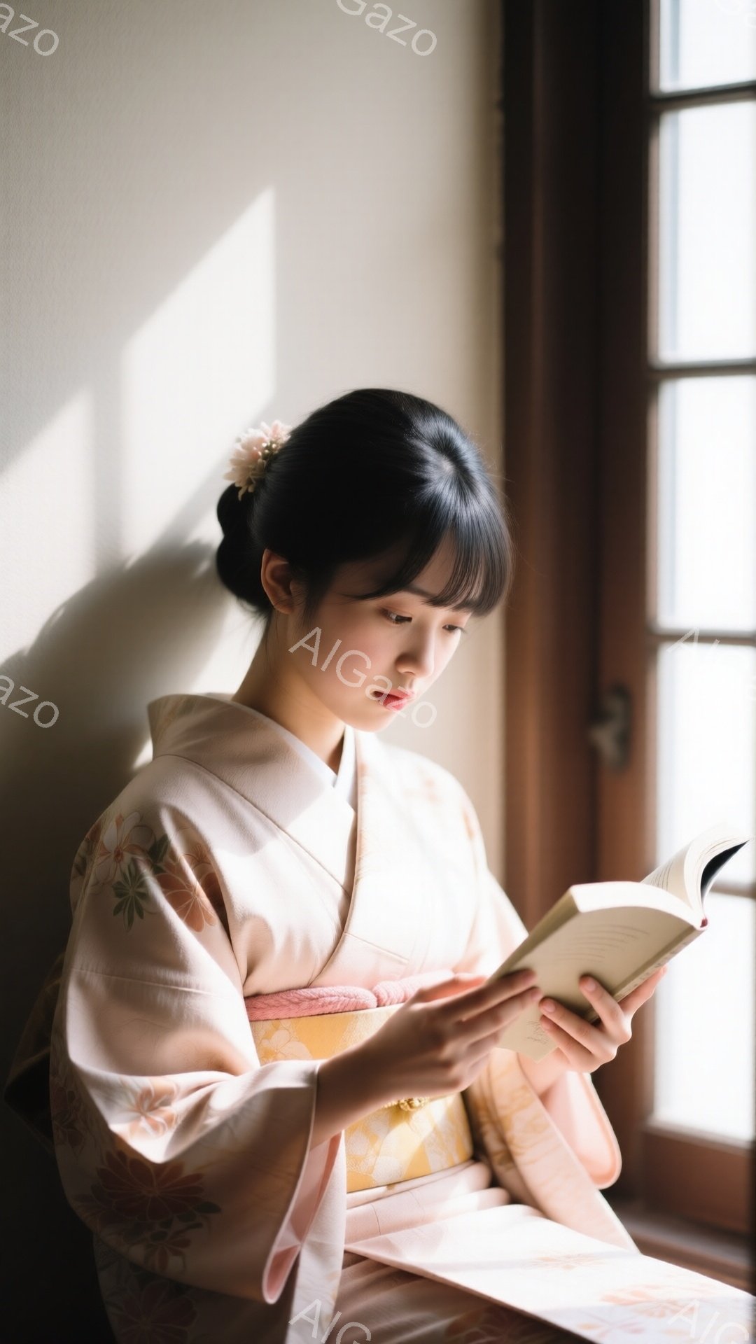 若い女性が窓辺で本を読んでいる。彼女はクリーム色の花柄の着物と、明るい黄色の帯を身につけており、髪は後ろでまとめられ、小さな飾り花が添えられている。穏やかな表情で本に集中しており、柔らかい光が彼女を照らし、静かで落ち着いた雰囲気を醸し出している。