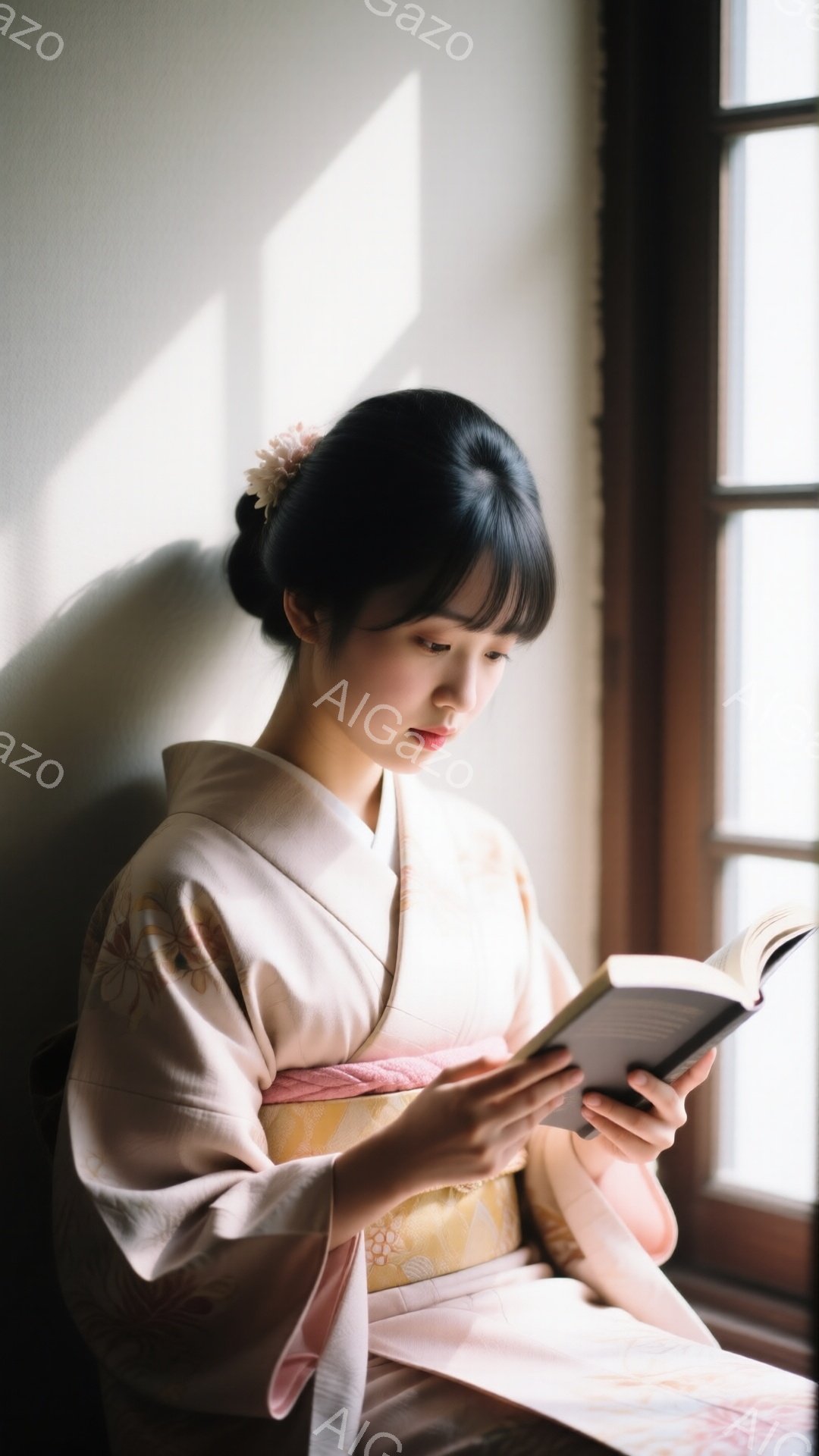 少女は明るい窓辺に座り、本を読んでいます。彼女は淡いピンクとクリーム色の花柄の着物を着ており、髪は後ろでまとめられ、小さな花飾りをつけています。静かで穏やかな雰囲気が漂い、読書に集中した表情が印象的です。