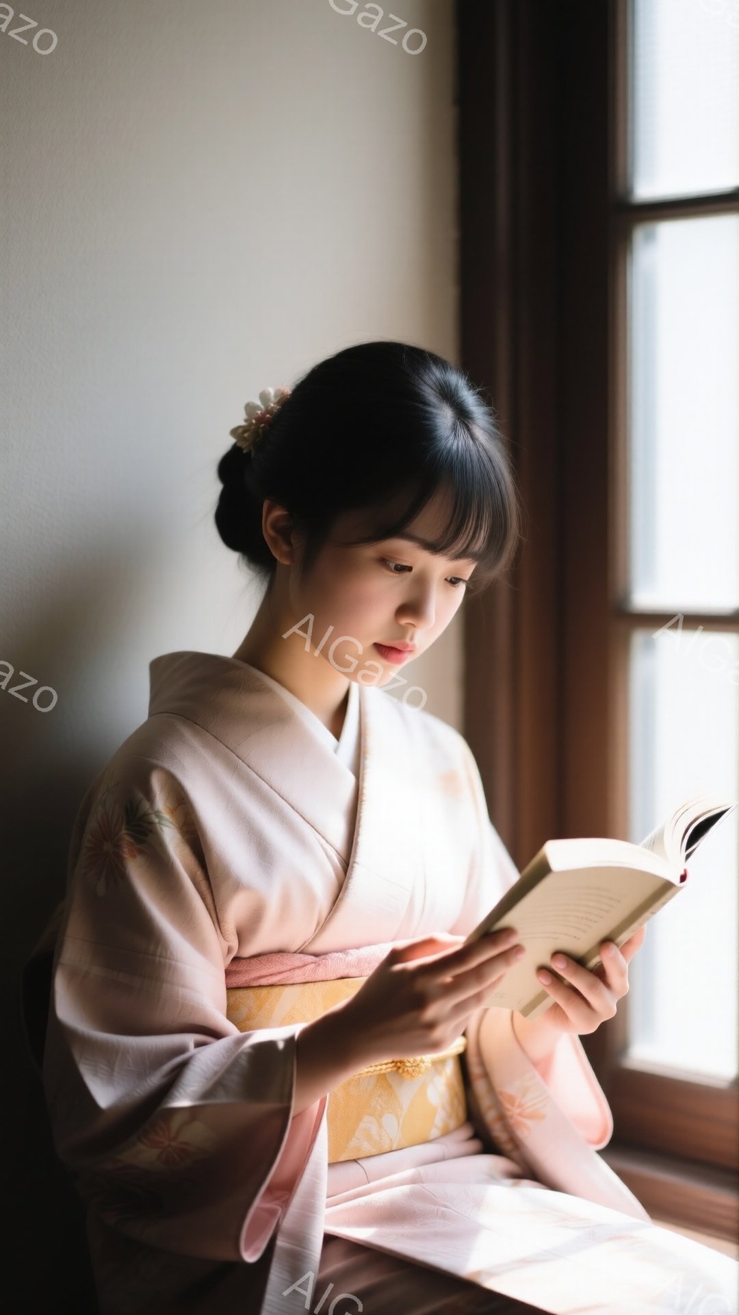若い女性が窓辺で本を読んでいる様子が描かれています。彼女は淡いピンクと黄色の花柄の着物を着ており、黒髪を後ろでまとめ、髪飾りをつけています。穏やかな表情で本に集中しており、柔らかい光が彼女を照らし、静かで落ち着いた雰囲気を醸し出しています。