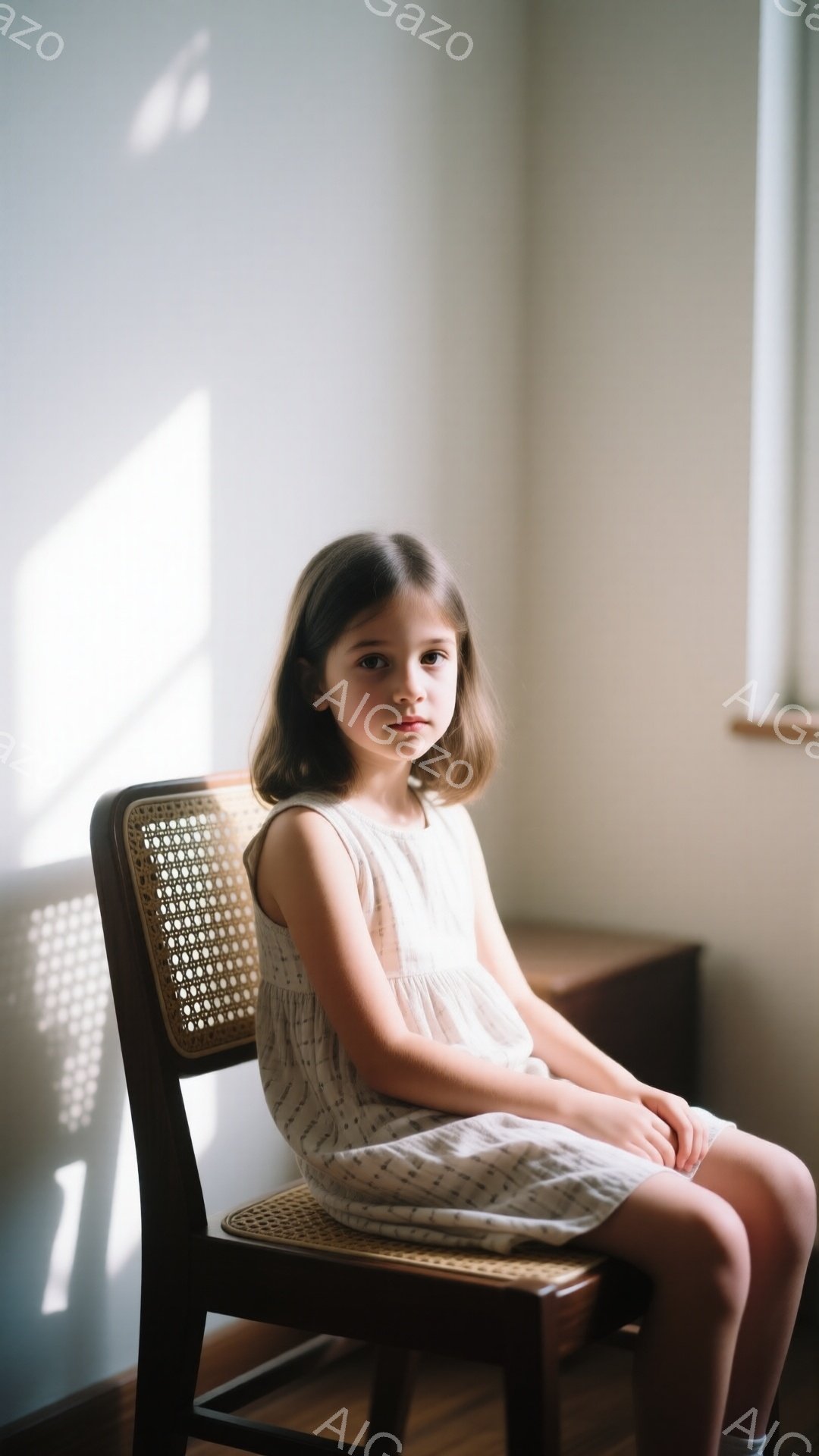 明るい室内で、小さな女の子が木の椅子に座っています。白い花柄のワンピースを着ており、髪は後ろで三つ編みにされています。彼女はカメラに向かって少し不安そうな表情で、両手は膝の上にきちんと置かれています。