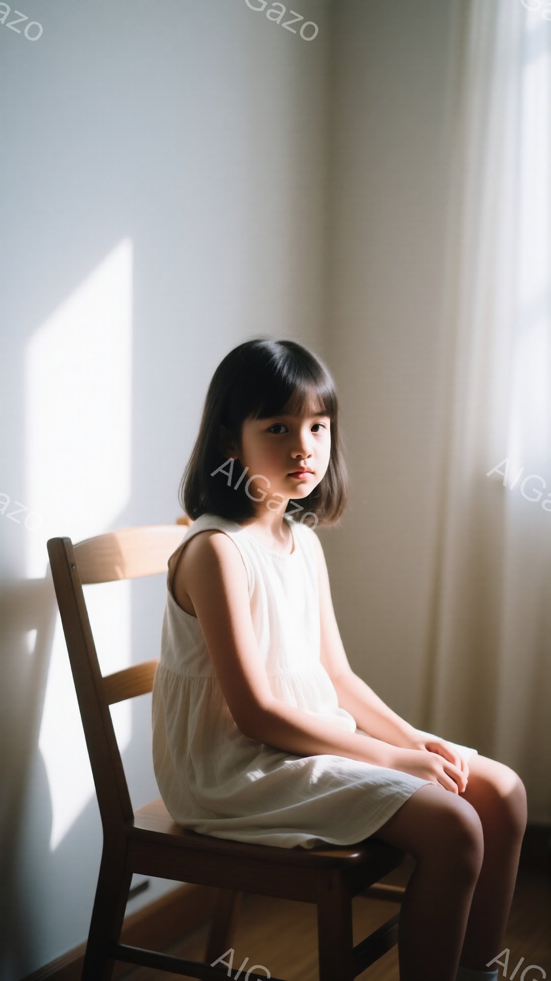 茶色の木製の椅子に座る幼い少女が写っている。白いワンピースを着て、黒い髪を肩のあたりで切り揃えている。少女は少し困ったような表情で、正面をまっすぐ見つめている。