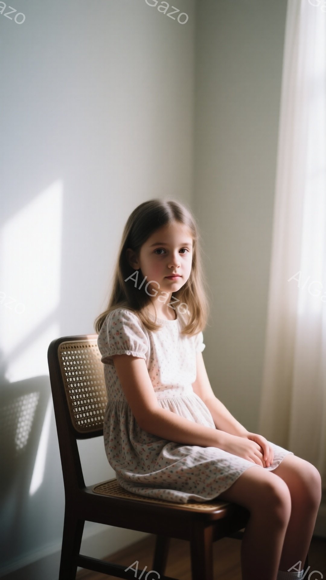 小さな女の子が籐の椅子に座っており、淡い花柄のワンピースを着ています。彼女は少し不安そうな表情でカメラを見つめており、髪は自然なウェーブがかかった状態で肩にかかっています。背景は薄い壁で、窓から差し込む光が彼女と椅子に影を落とし、静かで穏やかな雰囲気を醸し出しています。