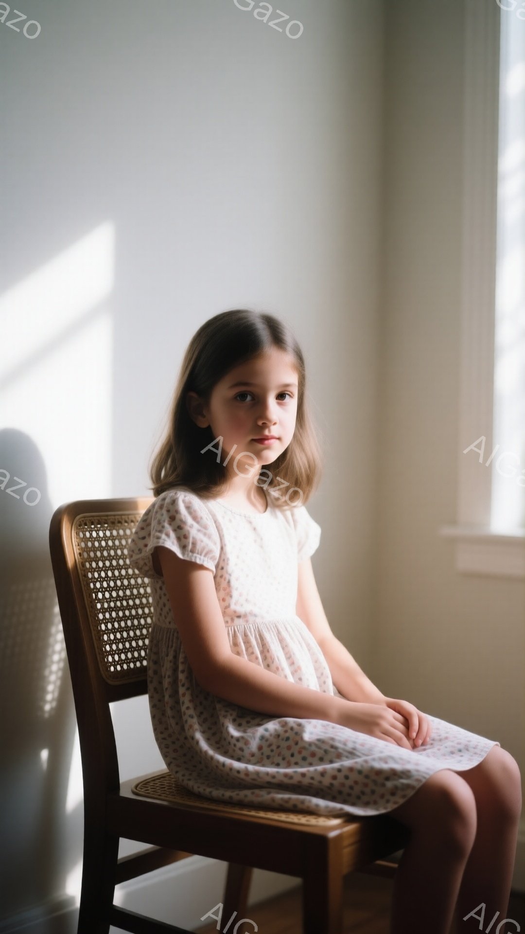 明るい光が差し込む部屋で、小さな女の子が籐の椅子に座っています。彼女は小さな花柄のワンピースを着ており、髪は肩にかかるくらいの長さで、少し癖があります。彼女は正面を見て、やや控えめな表情を浮かべており、全体的に穏やかで静かな雰囲気が漂っています。