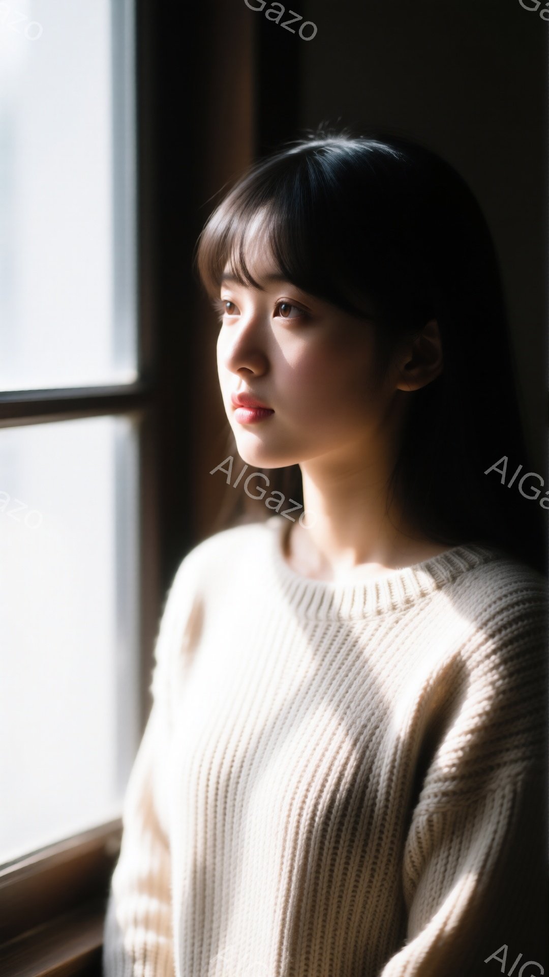 長い黒髪で前髪が眉毛にかかる女性が、クリーム色のざっくりとしたニットセーターを着ています。彼女は窓の外を見つめ、少し憂いを帯びた表情をしています。背景には窓枠が見え、柔らかな光が彼女の横顔を照らし出し - AI生成フリー素材