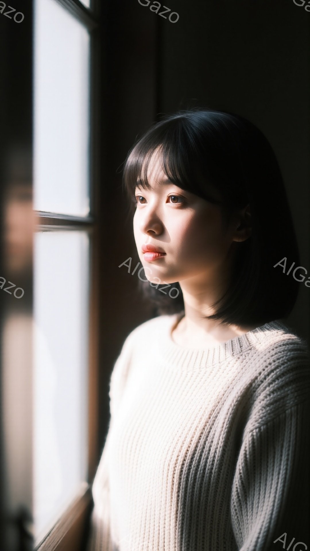 柔らかいクリーム色のセーターを着た若い女性が、窓の外を見つめています。彼女は前髪を下ろしたダークブラウンのショートヘアで、少し憂いを帯びた表情をしています。窓枠の光が彼女の横顔を照らし出し、落ち着いた - AI生成フリー素材