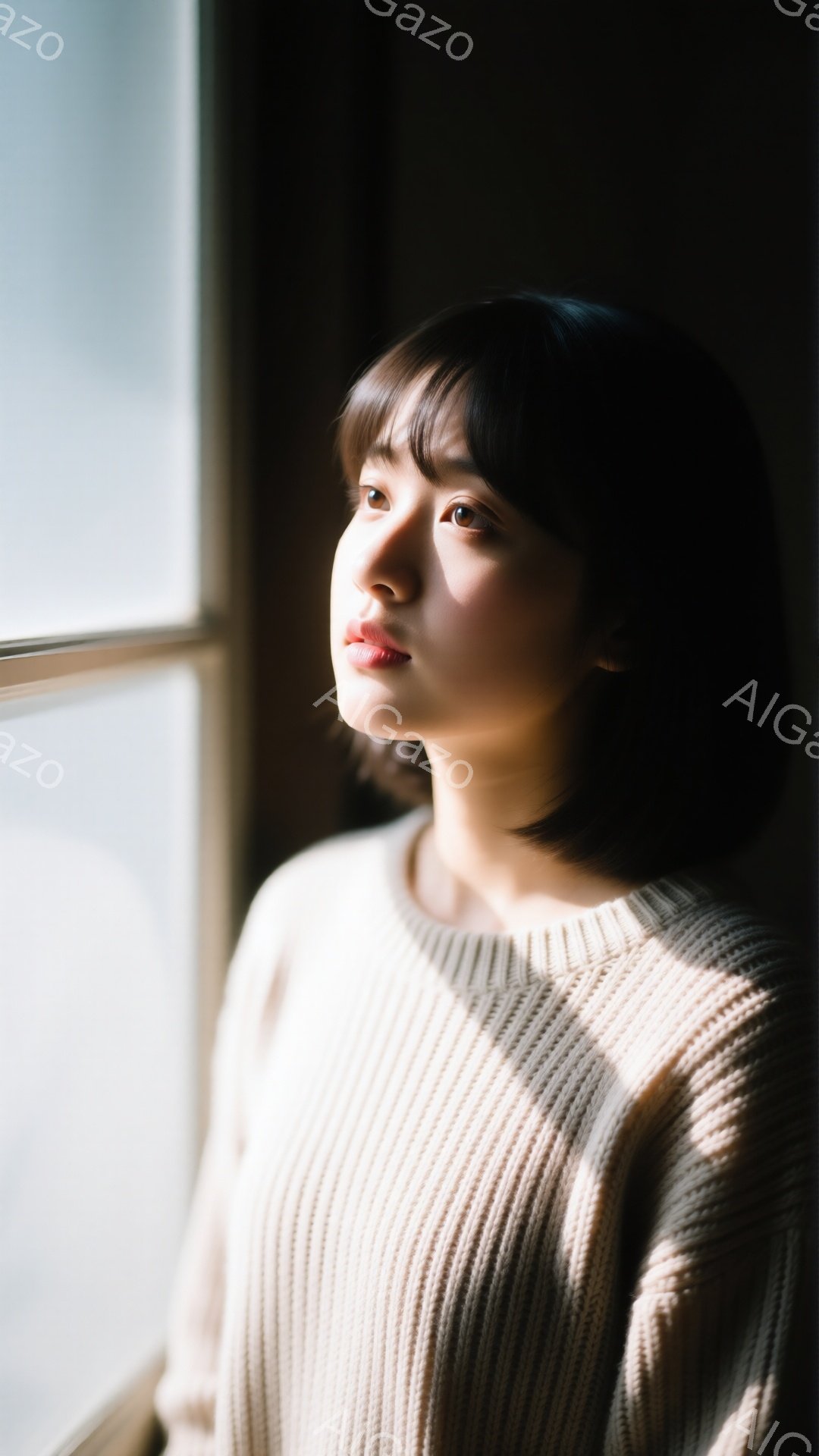 画像には、窓辺で横を向いている若い女性が写っている。彼女はクリーム色のざっくりとしたニットを着ており、前髪のあるダークブラウンの髪をしている。彼女の表情は穏やかで、どこか物憂げであり、窓から差し込む光 - AI生成フリー素材