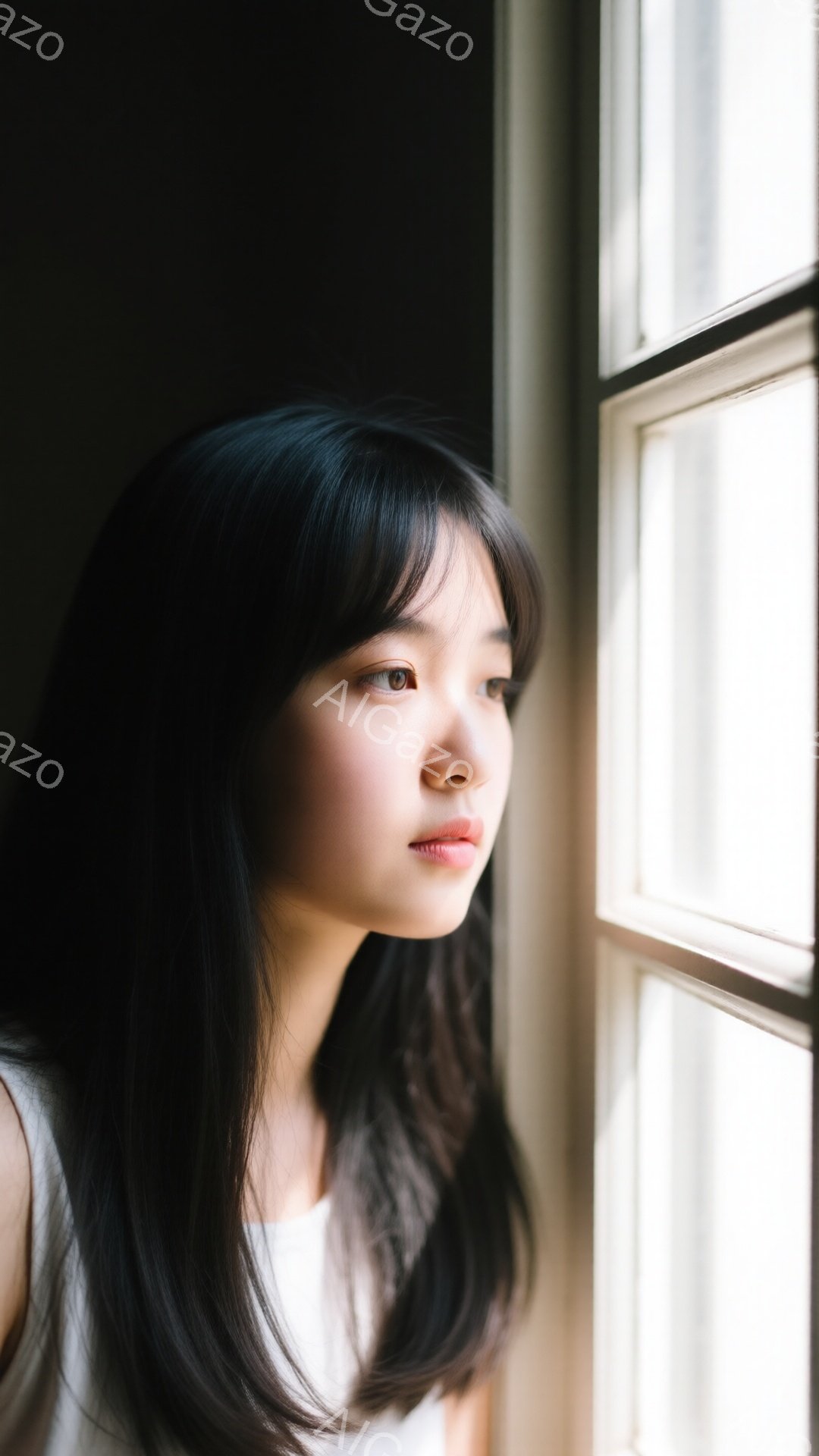 長い黒髪の女性が窓辺に立っており、外を見つめている。白いトップスを着ており、憂いを帯びた表情で少し物憂げな雰囲気を醸し出している。窓枠の白い木製の格子が光を取り込み、彼女の横顔を照らし出している。 - AI生成フリー素材