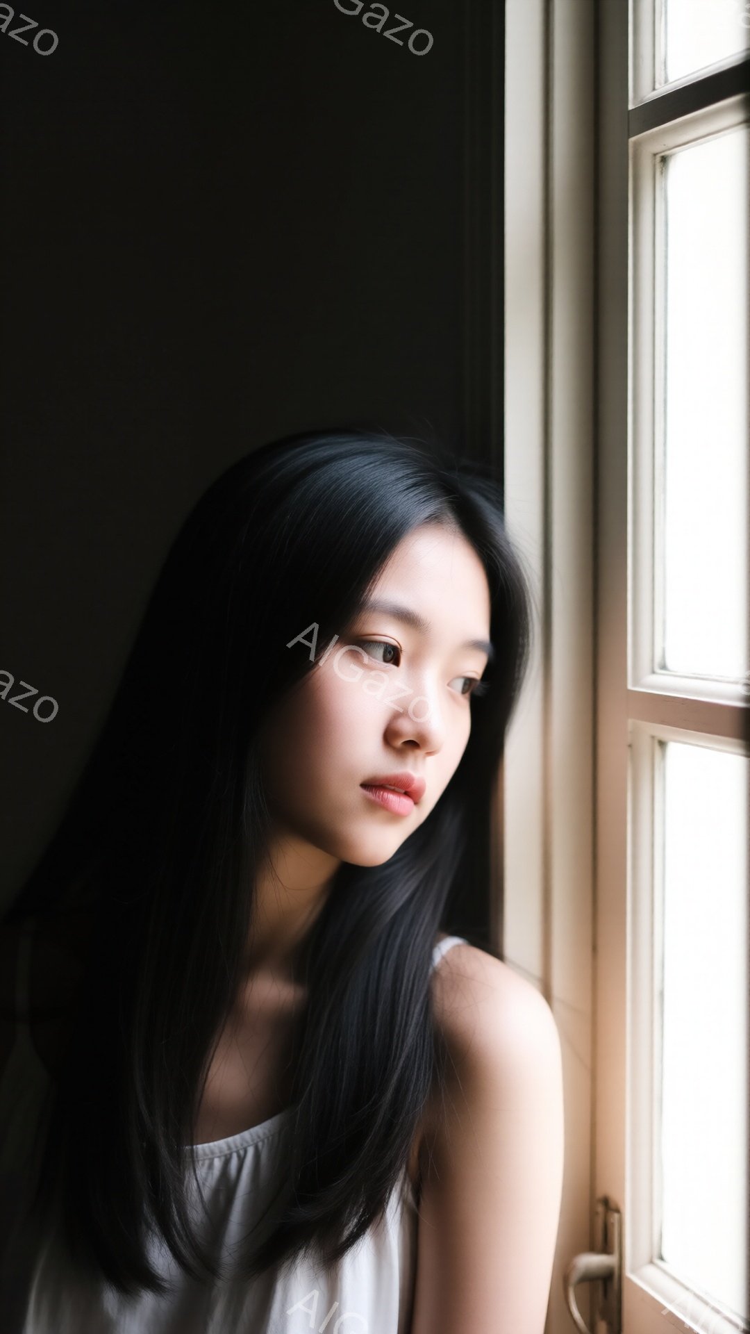 長い黒髪を肩から垂らし、白いトップスを着た若い女性が窓辺に佇んでいます。彼女は少し憂いを帯びた表情で、遠くを見つめており、物思いにふけっているようです。窓枠が彼女の横顔を囲み、柔らかな光が彼女を照らしています。