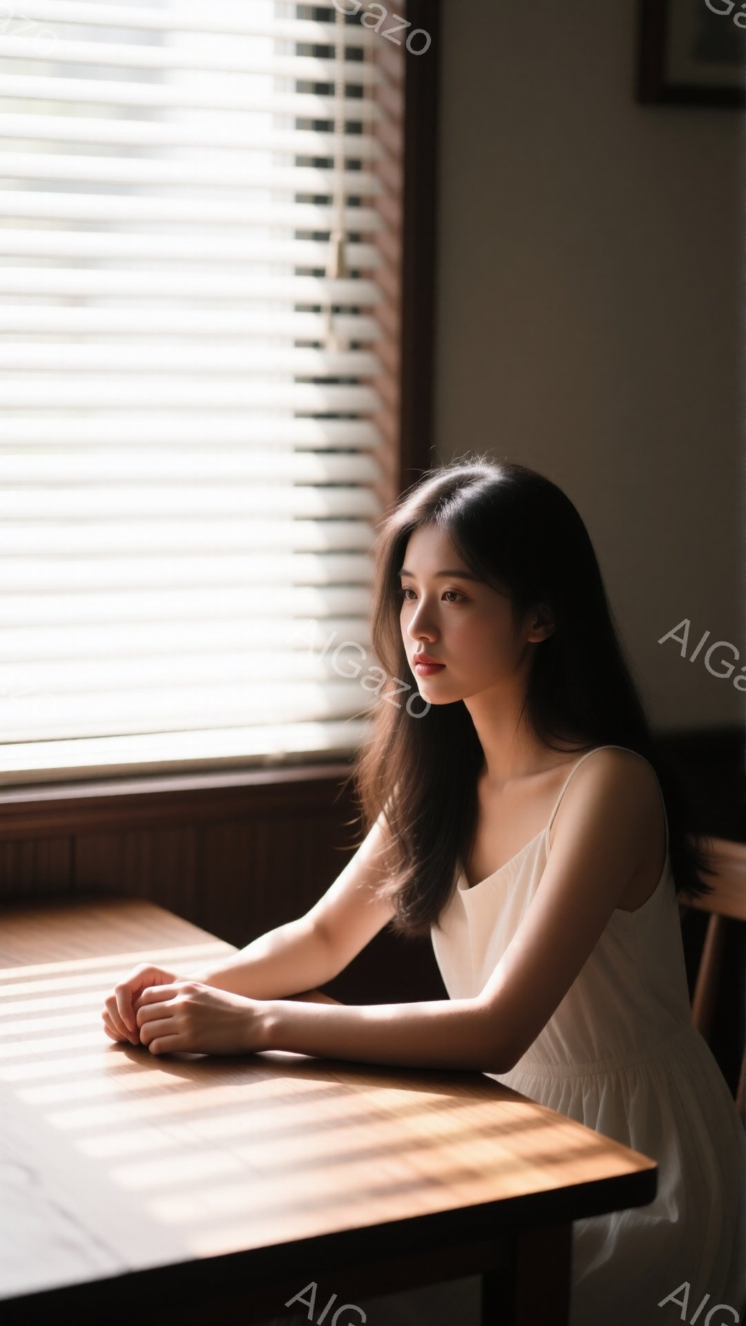 長い黒髪を肩にかけた女性が、木製のテーブルに腕を置き、窓の外を見つめている。白いキャミソールドレスを着ており、落ち着いた表情で、どこか憂いを帯びている。背景は室内で、窓から差し込む光がテーブル上に縞模 - AI生成フリー素材