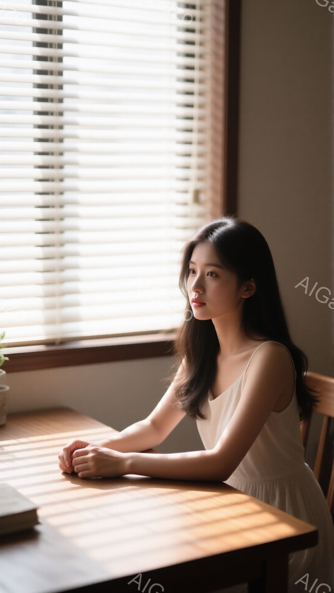 長い黒髪を肩から背中に垂らした女性が、クリーム色のキャミソールワンピースを着て、木のテーブルに座っています。彼女は少し物憂げな表情で遠くを見つめ、両手を重ねてテーブルに置いています。背景には白いブラインドが並び、柔らかな光が差し込んでいて、全体的に穏やかで内省的な雰囲気を醸し出しています。