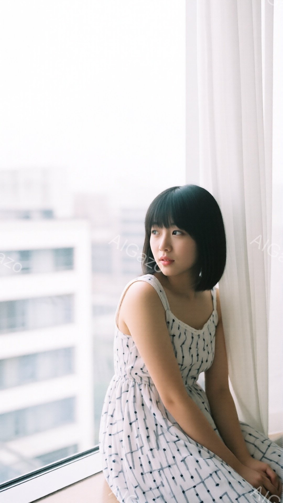 黒髪のボブヘアで、白い幾何学模様のワンピースを着た若い女性が窓際に座っています。彼女は少し憂いを帯びた表情で遠くを見つめており、姿勢はリラックスしています。背景には高層ビルが見え、柔らかい光が差し込み - AI生成フリー素材