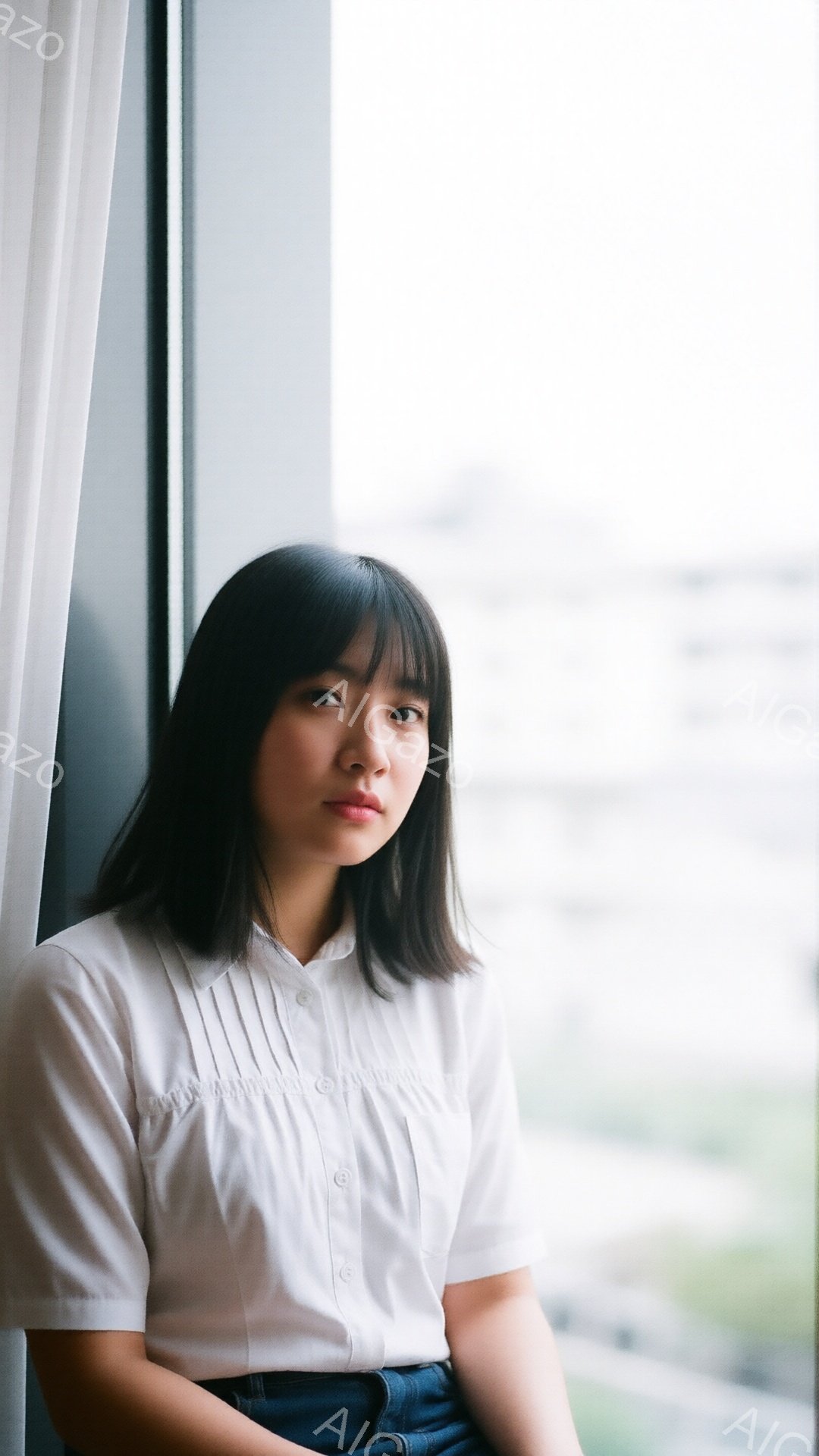 ショートカットの黒髪で、前髪が少し長めの女性が写っています。白いシャツと濃い色のボトムスを着ており、少し物憂げな表情で窓辺に座っています。背景にはぼやけた都市の風景が見え、全体的に静かで内省的な雰囲気が漂っています。
